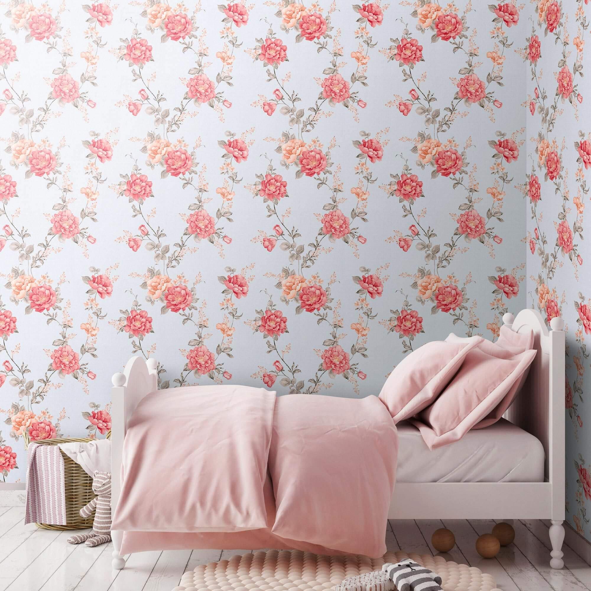 Pink and Blue Textured Floral Peel and Stick Removable Wallpaper - Self-Adhesive Decorative Wall Covering for Bedroom, Nursery, or Home Office Decor