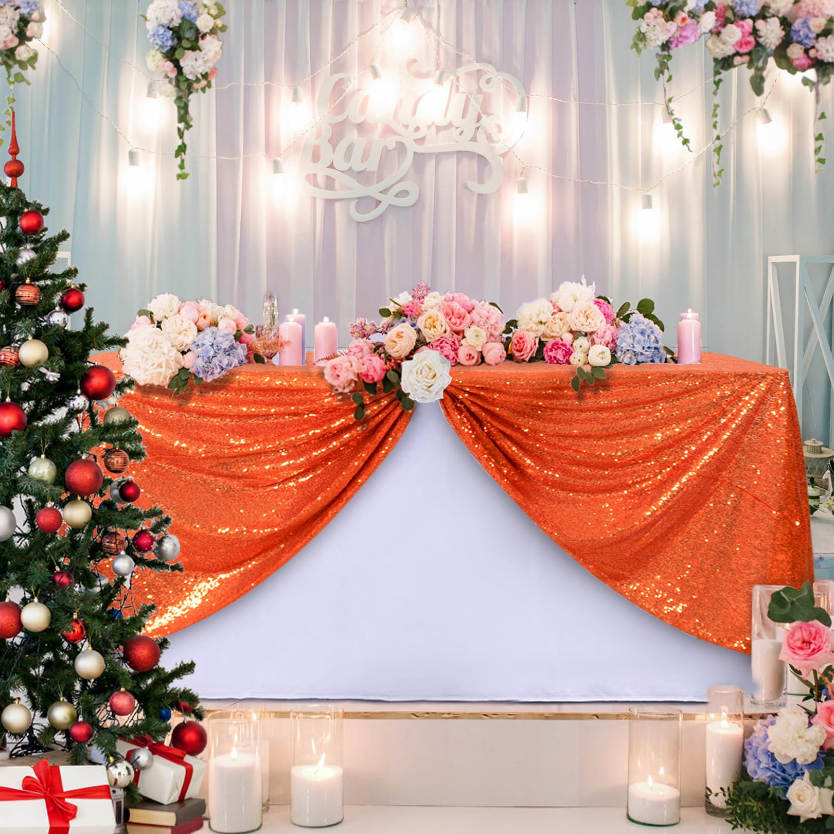 50x72 Inch Orange Sequin Tablecloth - Glitter Rectangle Party Table Cover for Wedding, Bridal Shower, Birthday & Holiday Decor - Durable & Washable
