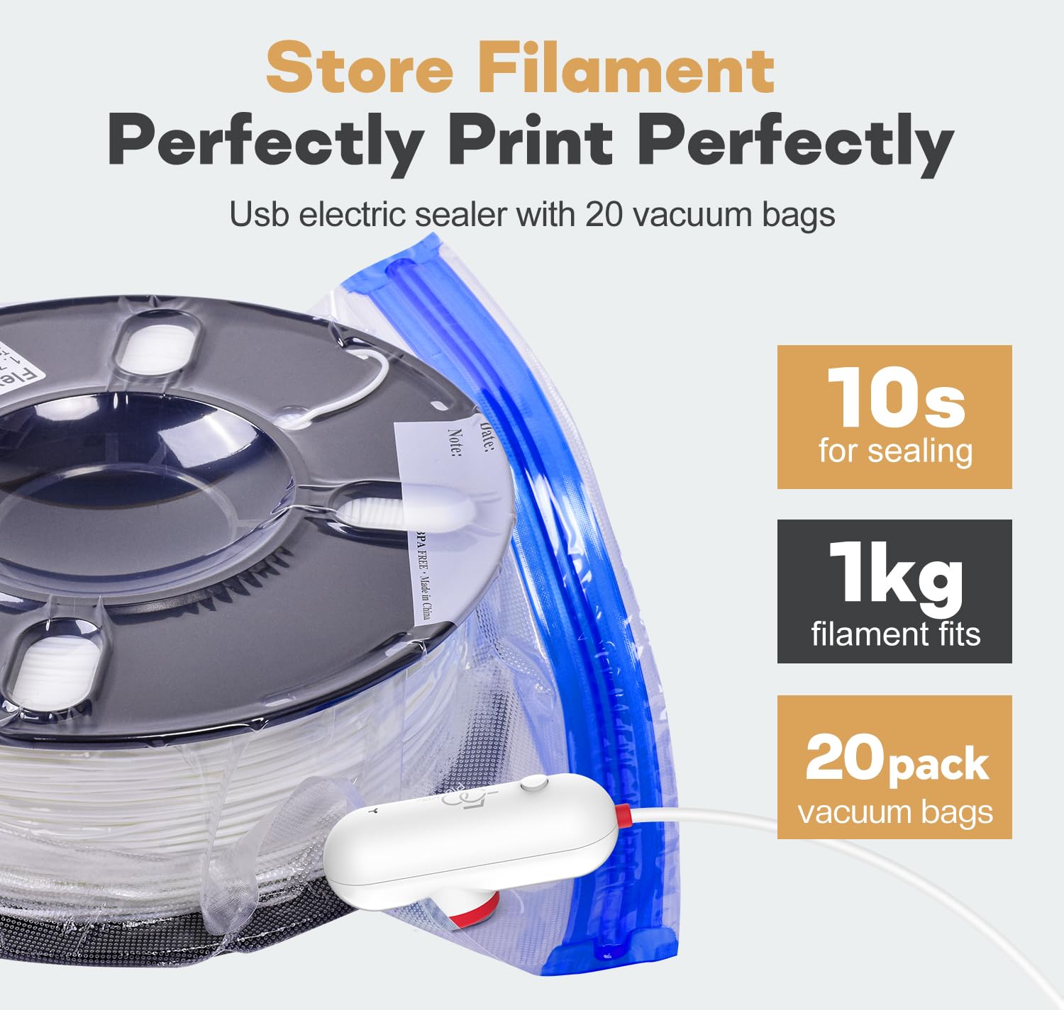 20 Pack Vacuum Storage Bags for 3D Printer Filament with USB Air Pump | Moisture-Proof Spool Sealing Kit | Perfect for PLA, ABS Filament Storage & Organization