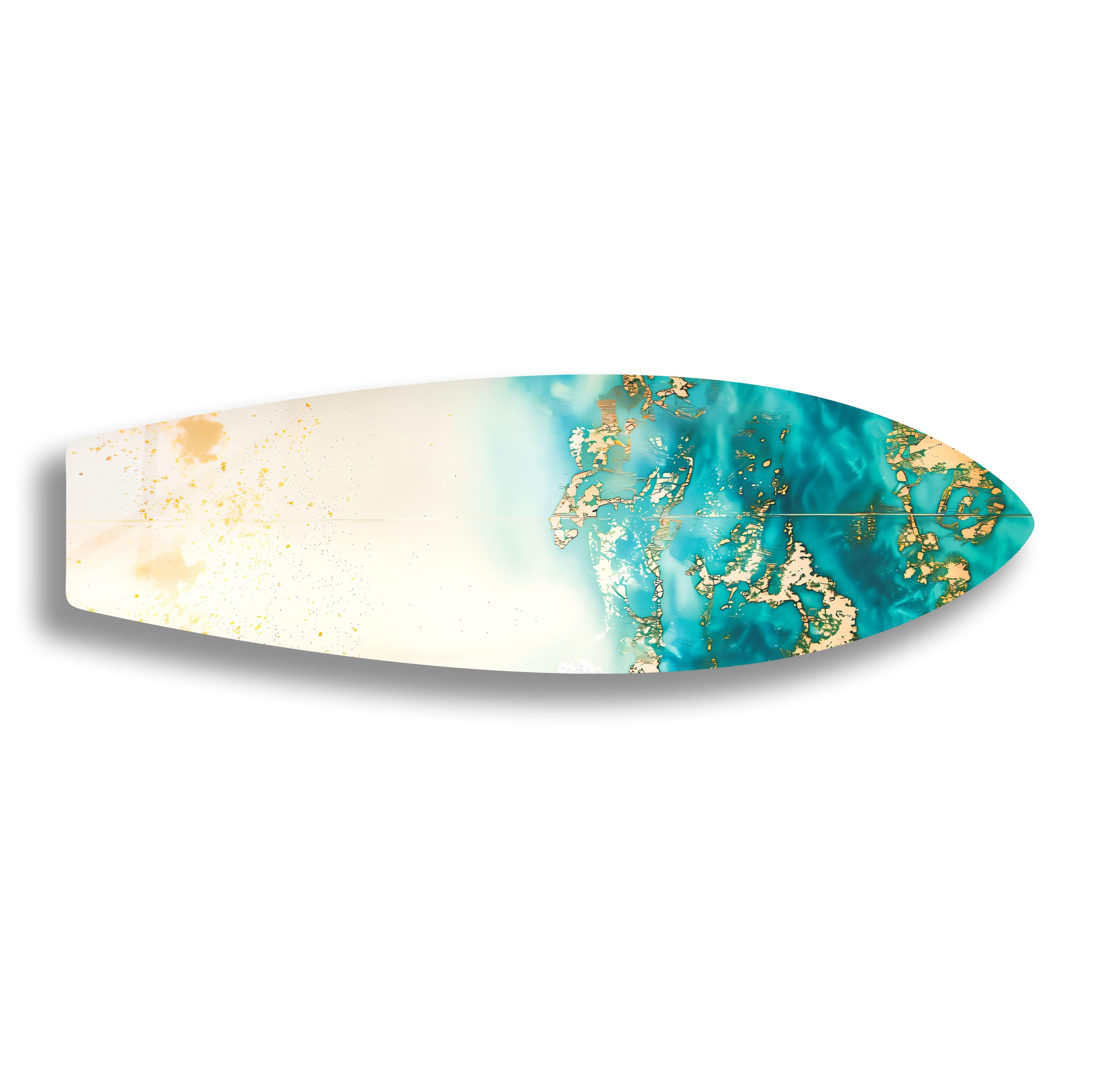 Blue Abstract Golden Details Surfboard Wall Art - Coastal Decor for Beach House, Living Room & Bedroom - Perfect Surfing Theme Home Decoration