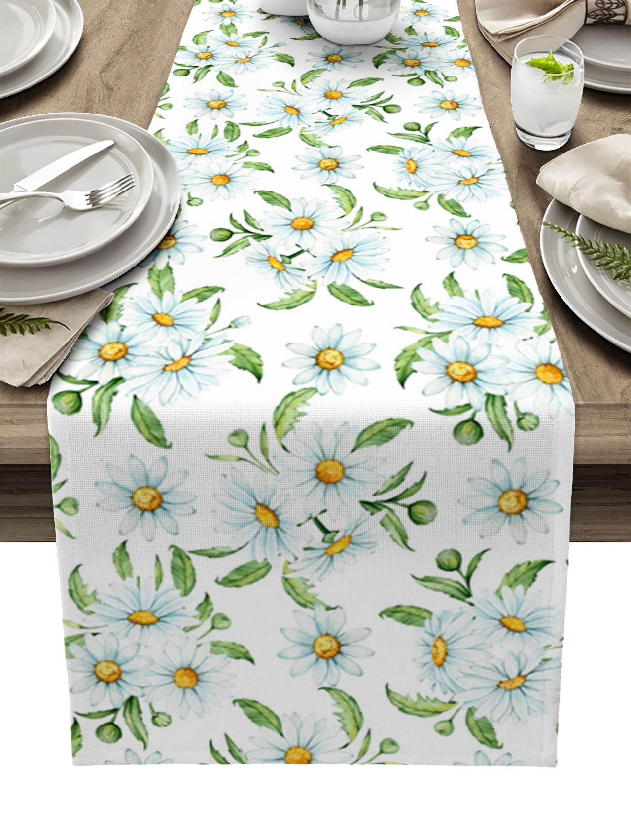 T&H XHome 90 Inch Cotton Linen Table Runner - Spring White Daisy Floral Pattern Washable Burlap Dresser Scarf for Farmhouse, Kitchen, Wedding & Party Decor | Perfect for Dining Tables, Buffets, and Holiday Celebrations