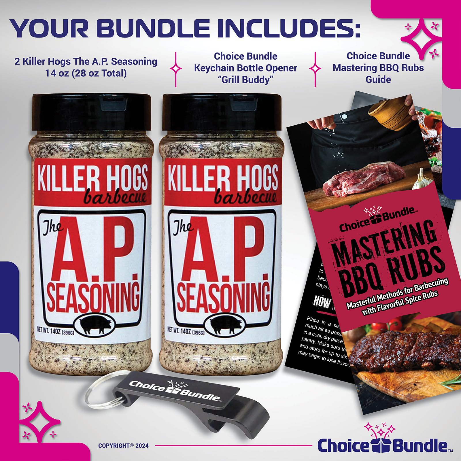 Premium Killer Hogs AP Seasoning BBQ Rub - All-Purpose Meat Seasoning (2-Pack, 28 oz) with Free BBQ Guide & Bottle Opener - Perfect for Grilling, Smoking, and Outdoor Cooking