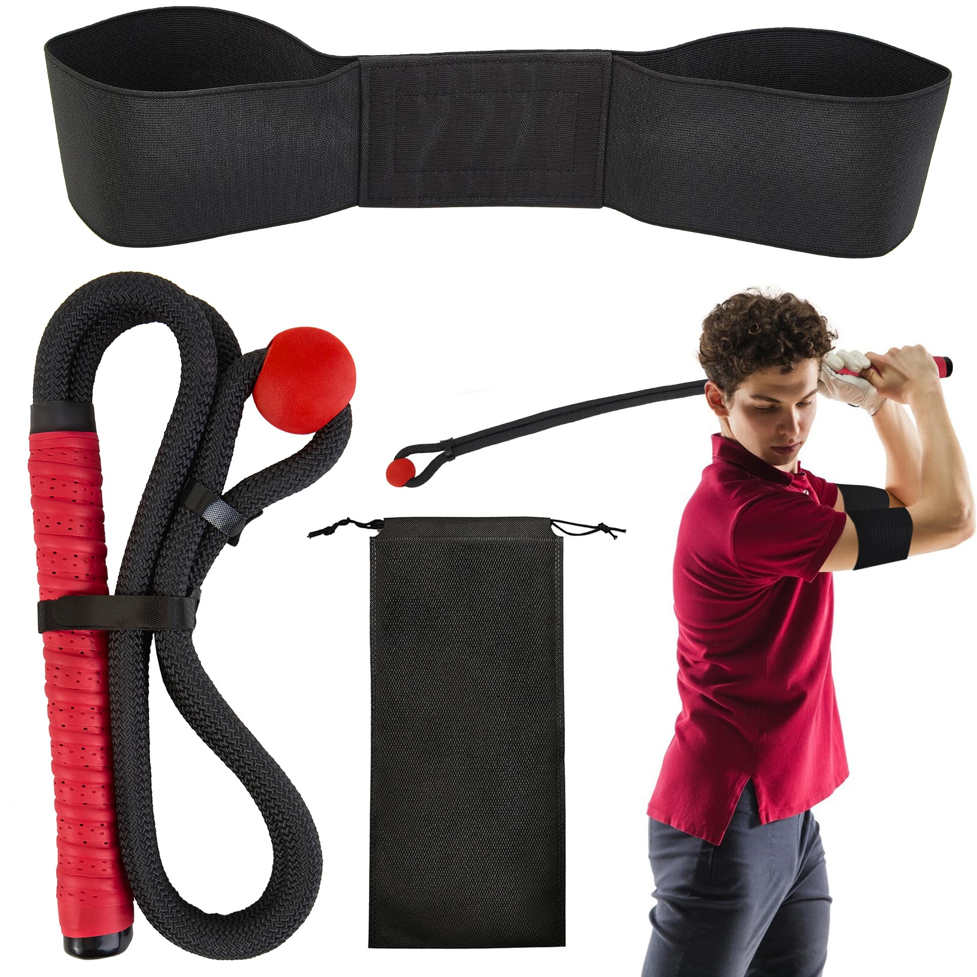 Golf Swing Trainer Rope Aid - Speed Power Tempo Training Tool with Weighted Ball | Indoor/Outdoor Club Rope Whip for Posture Practice & Lag Shot Drills | Perfect Golf Exercise Equipment for Driving Range & Backyard Practice (Red)
