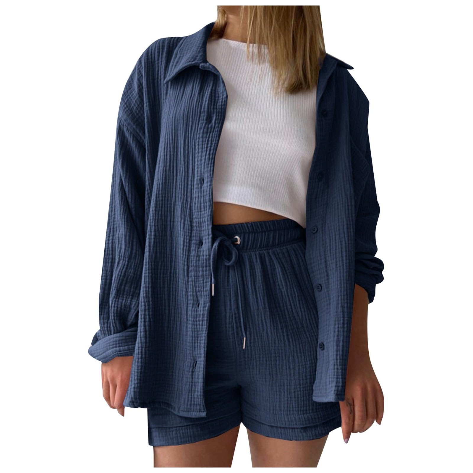 Women's Summer Two Piece Outfits - Short Sleeve Button Down Shirt & Shorts Lounge Set with Pockets | Casual Vacation Wear, Beach Day Outfits, Weekend Brunch Clothes