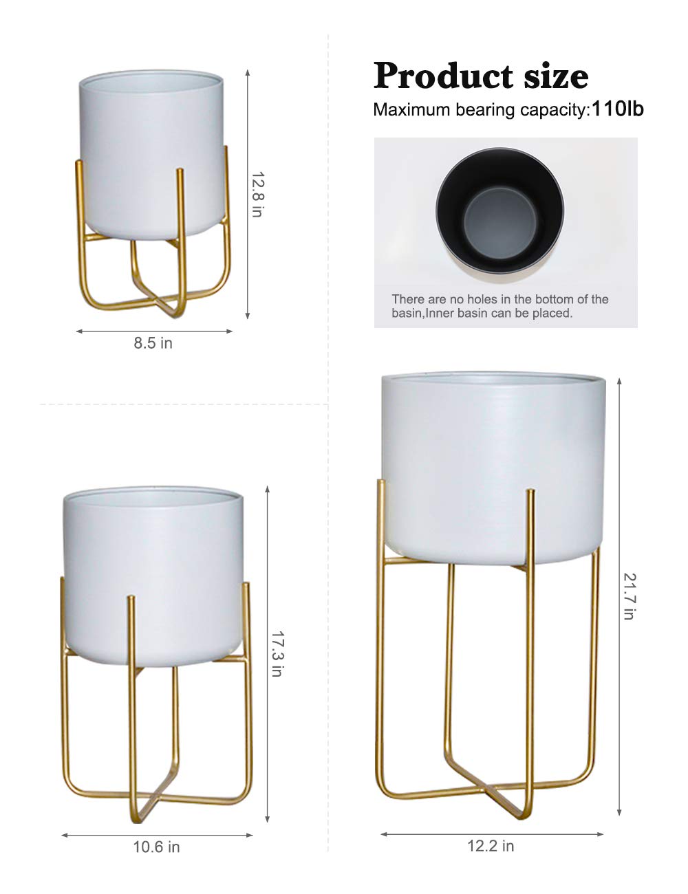 Sinolodo 3-Pack White Floor Standing Planters with Gold Metal Stand - Mid Century Modern Indoor Outdoor Plant Pots for Living Room, Patio, Porch, Garden & Lawn Decor
