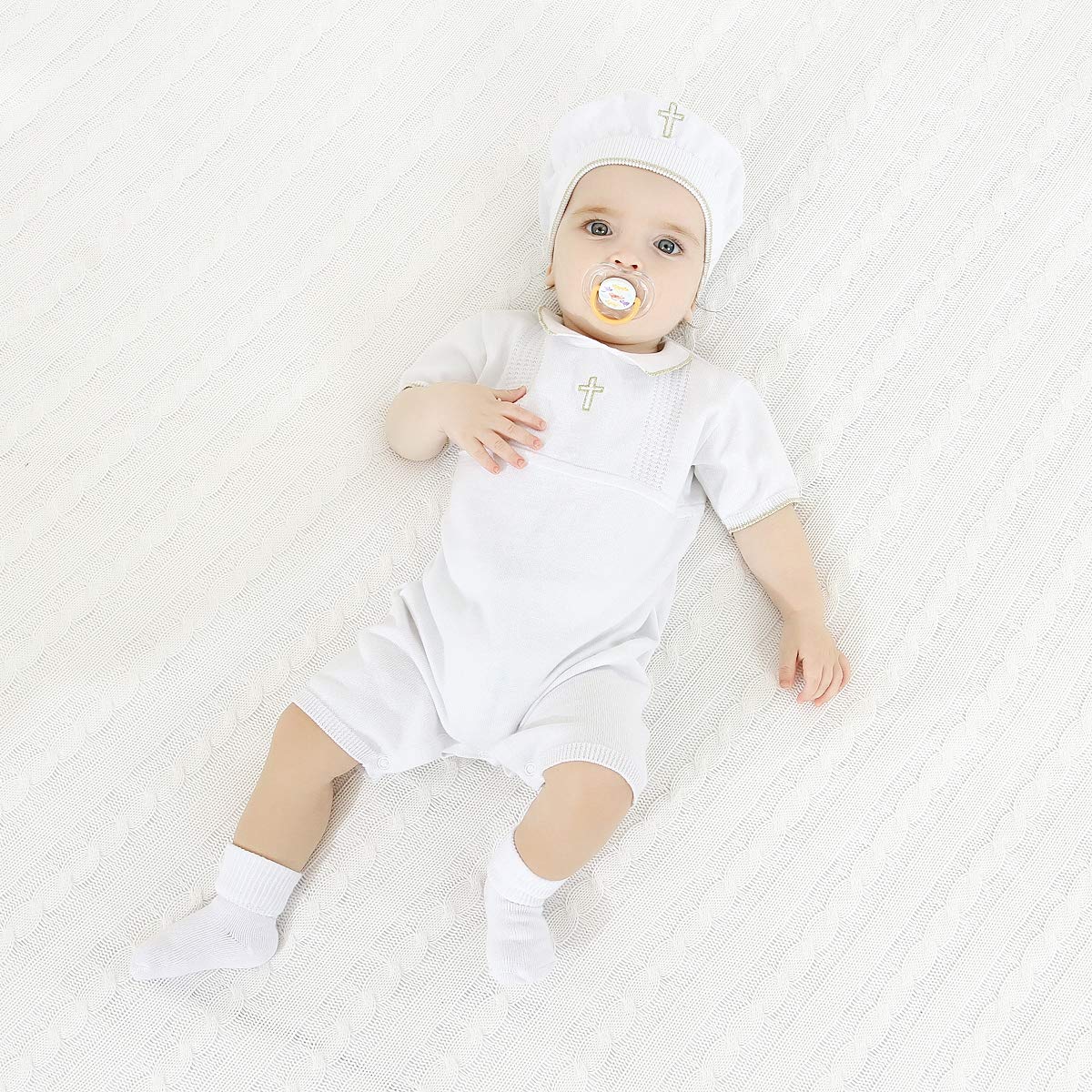 Premium Baby Boy Baptism Outfit Set with Hat & Socks - Elegant Christening Gown with Cross Detail - Perfect for Church Ceremonies & Special Occasions