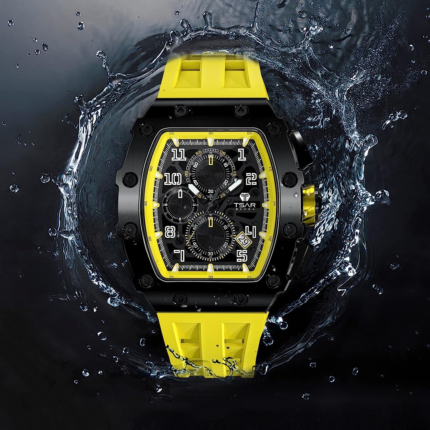 TSAR BOMBA Men's Luxury Chronograph Watch - 50M Waterproof, Luminous, Date Display, Japanese Quartz Movement, Sapphire Crystal, Silicone Strap - Fashion Sport Watch for Men - Perfect for Business, Casual Wear & Outdoor Activities