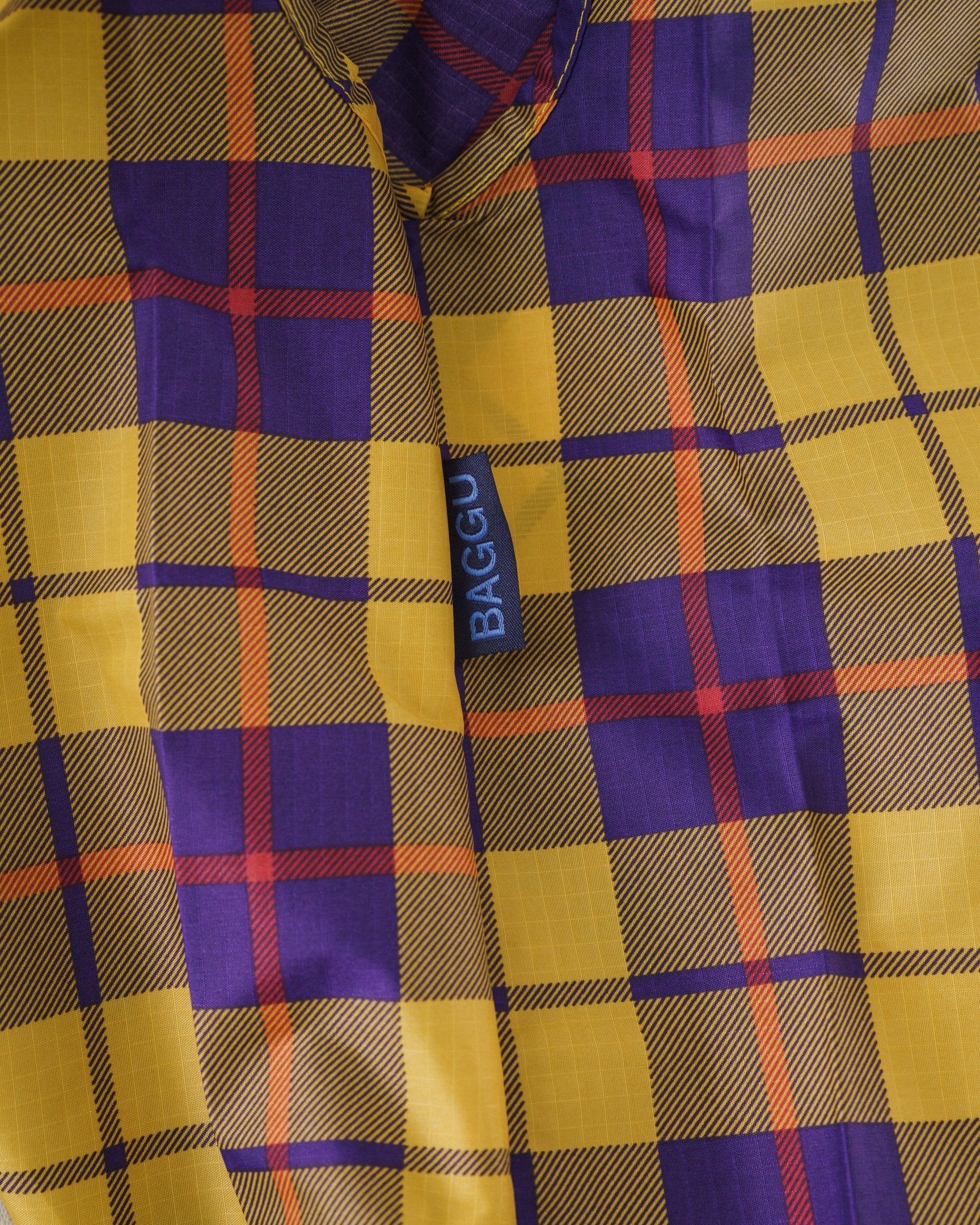 Baggu Standard Reusable Shopping Bag - Eco-Friendly Foldable Grocery Tote in Yellow Tartan Plaid for Groceries, Beach, and Travel