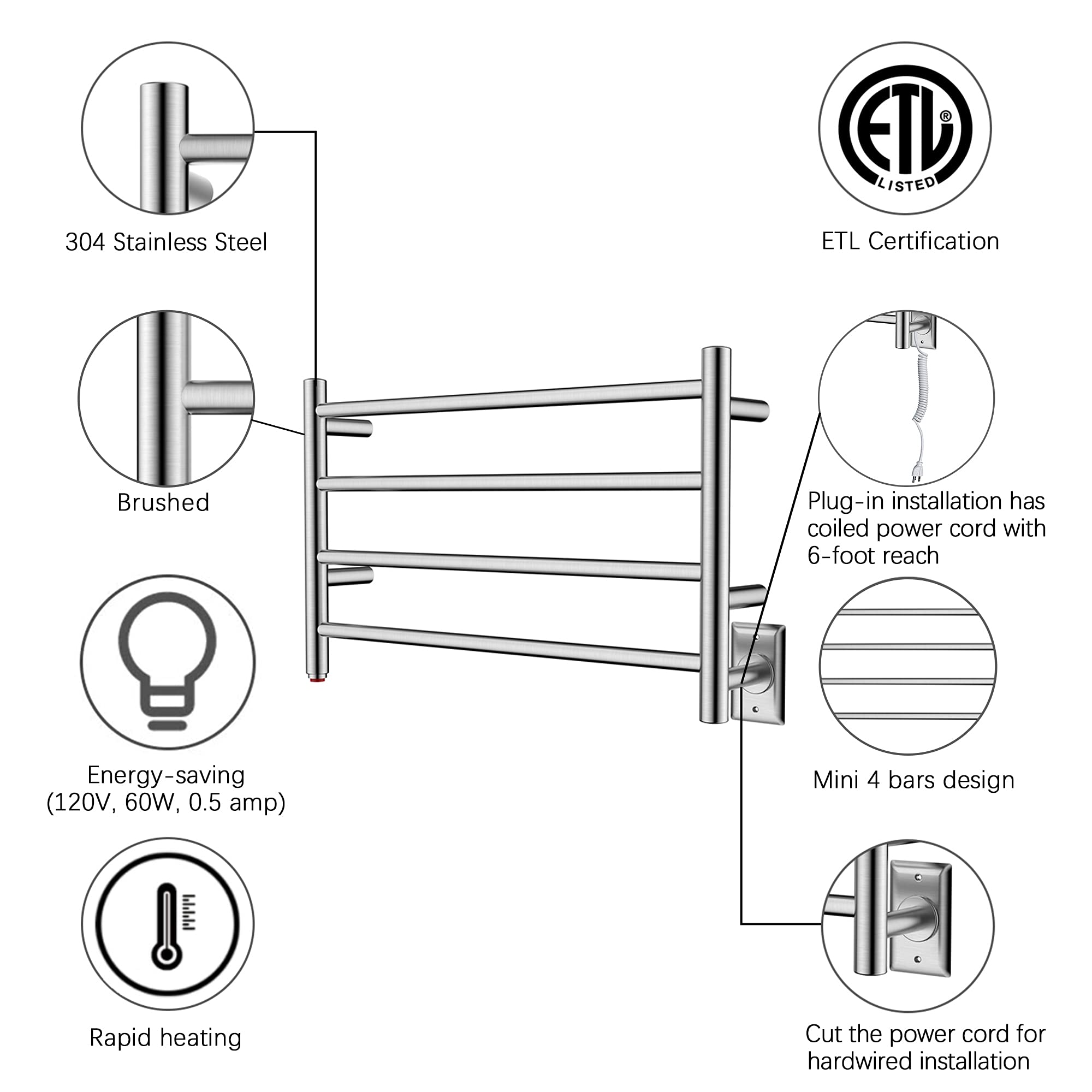 HEATGENE 4 Bar Wall-Mounted Electric Towel Warmer & Dryer - Brushed Stainless Steel - Perfect for Bathroom, Spa, and Luxury Home Use