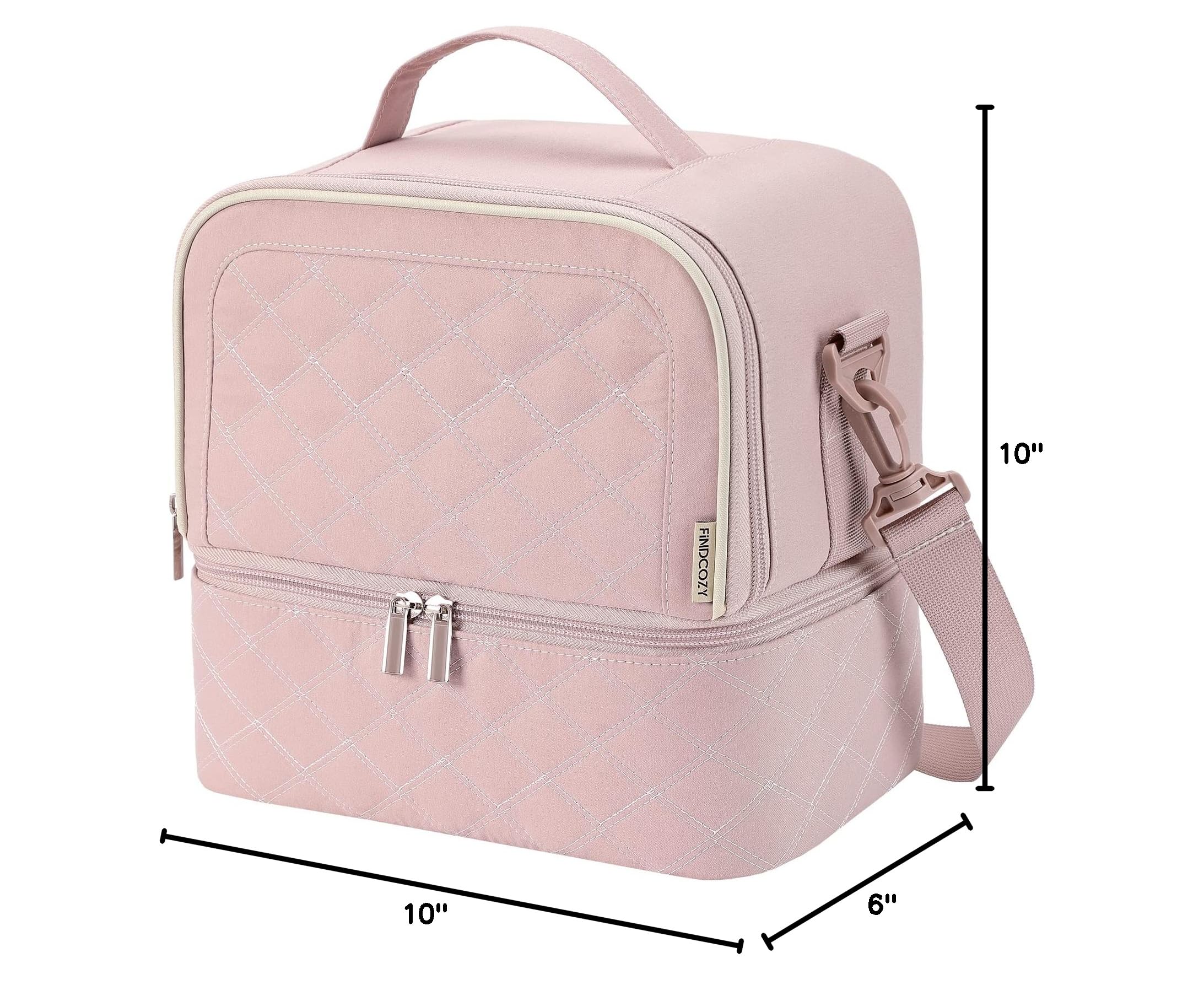 FINDCOZY Women's Insulated Lunch Bag - Double Deck Reusable Lunch Box for Work, School & Picnic - Thermal Food Container for Office, College & Outdoor Activities - Pink