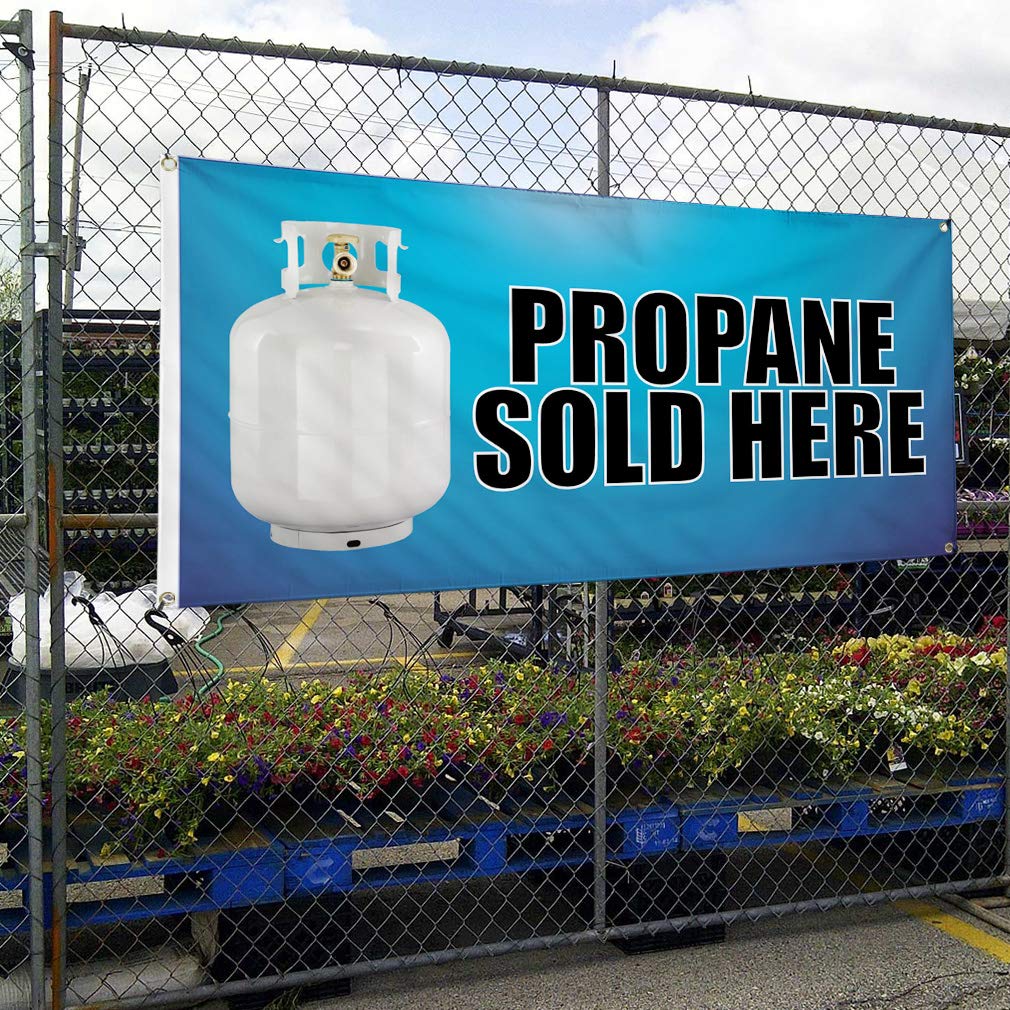 Vinyl Banner - Propane Sold Here Sign - Weatherproof Outdoor Advertising Banner for Business, Yard, Industrial Use - Multiple Sizes (60x144 Inches) with 10 Grommets - Perfect for Gas Stations, Construction Sites & Retail Promotions