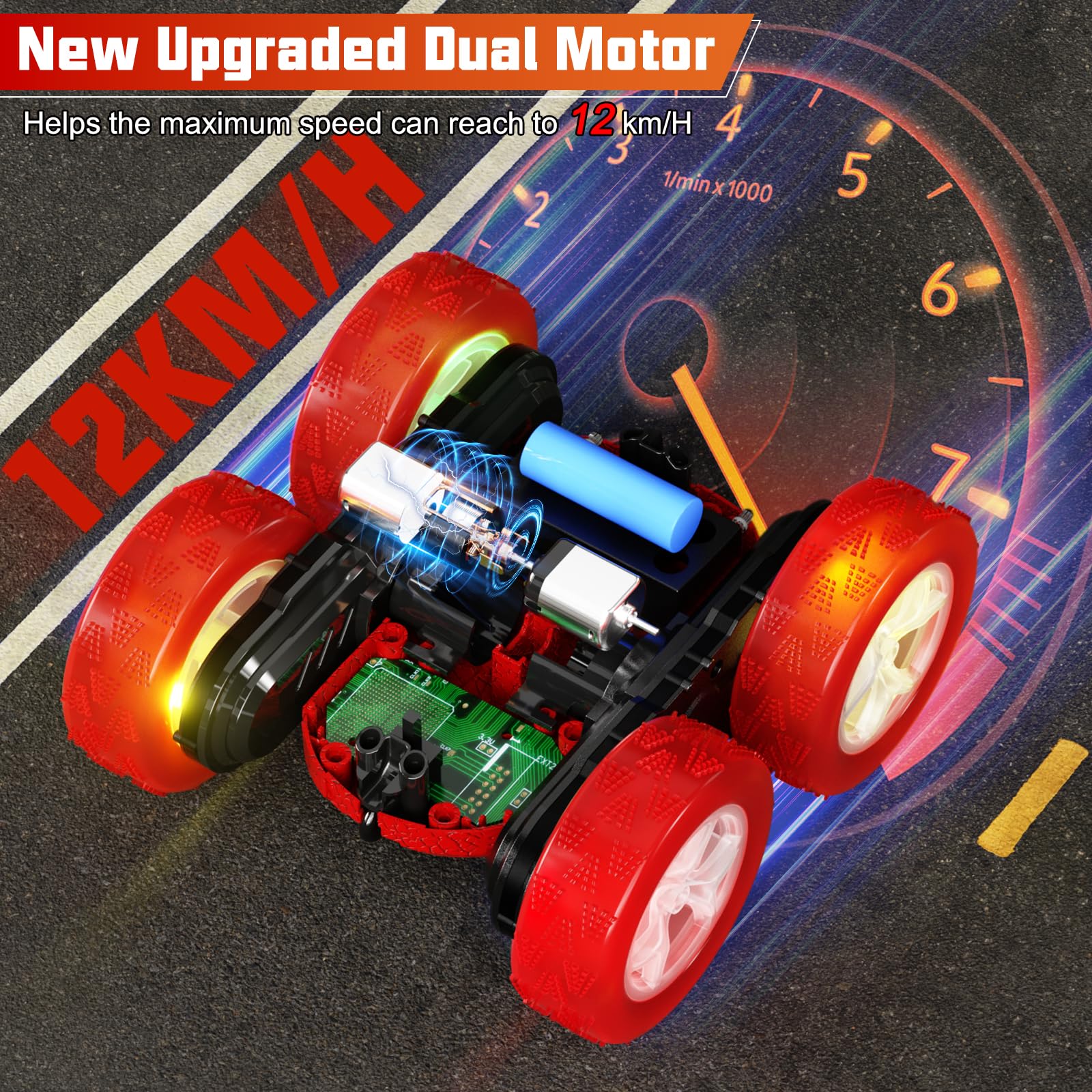 Remote Control Stunt Car for Kids 6-12 - 4WD 2.4Ghz 360° Rotating Crawler with Lights - Perfect Birthday Gift for Boys & Girls - Indoor/Outdoor Play