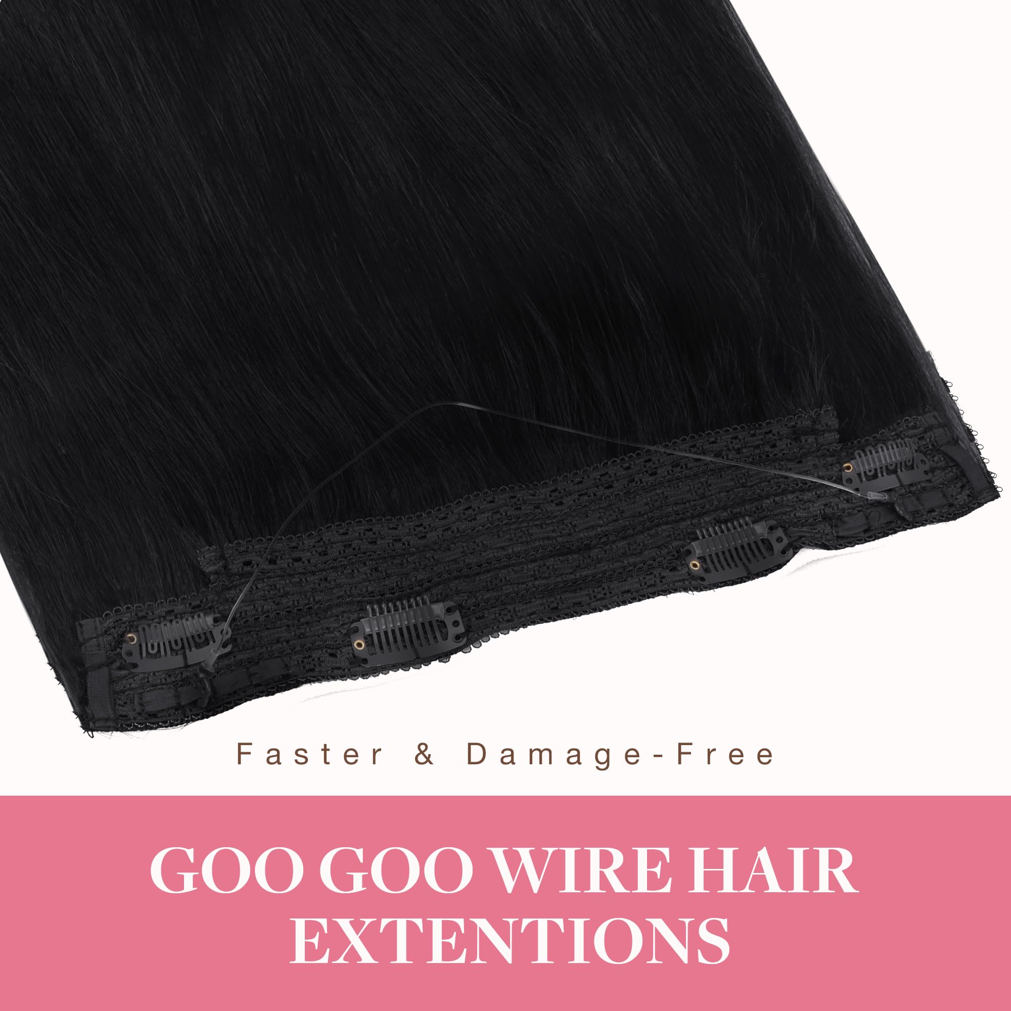 GOO GOO 20 Inch Jet Black Human Hair Extensions - 110g Invisible Wire Hairpiece with Transparent Fish Line for Seamless Blending | Perfect for Parties, Weddings, and Daily Styling