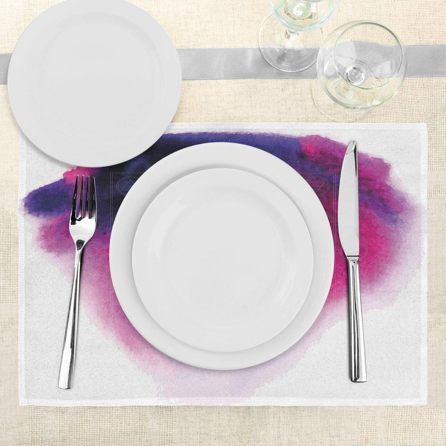 Ambesonne 4-Piece Astrology Placemats Set - Geometric Alchemy Eye Sun Star Mystic Signs Design - Washable Fabric Table Mats for Dining Room & Kitchen Decor in Navy Blue, Fuchsia & White - Perfect for Dinner Parties, Holiday Gatherings & Boho Home Decor
