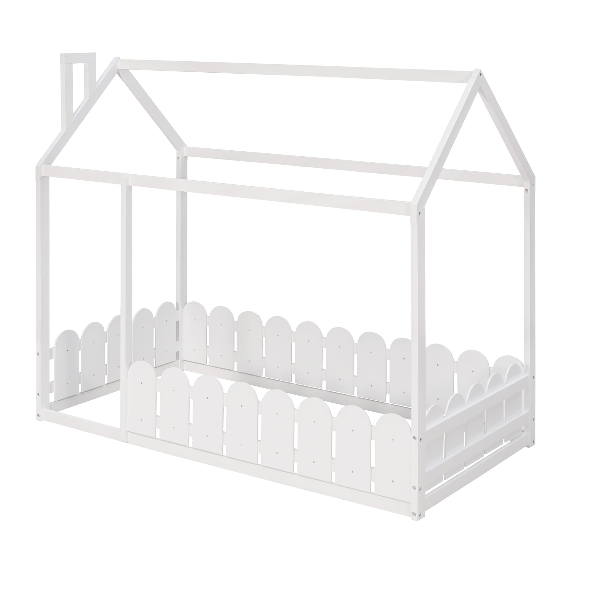 Harper & Bright Designs Twin Size Kids Bed Frame - Pine Wood Roof, Fence-Shaped Guardrails, Cabin Style Floor Bed for Children & Teens (White) | Perfect for Small Bedrooms, Playrooms & Sleepovers