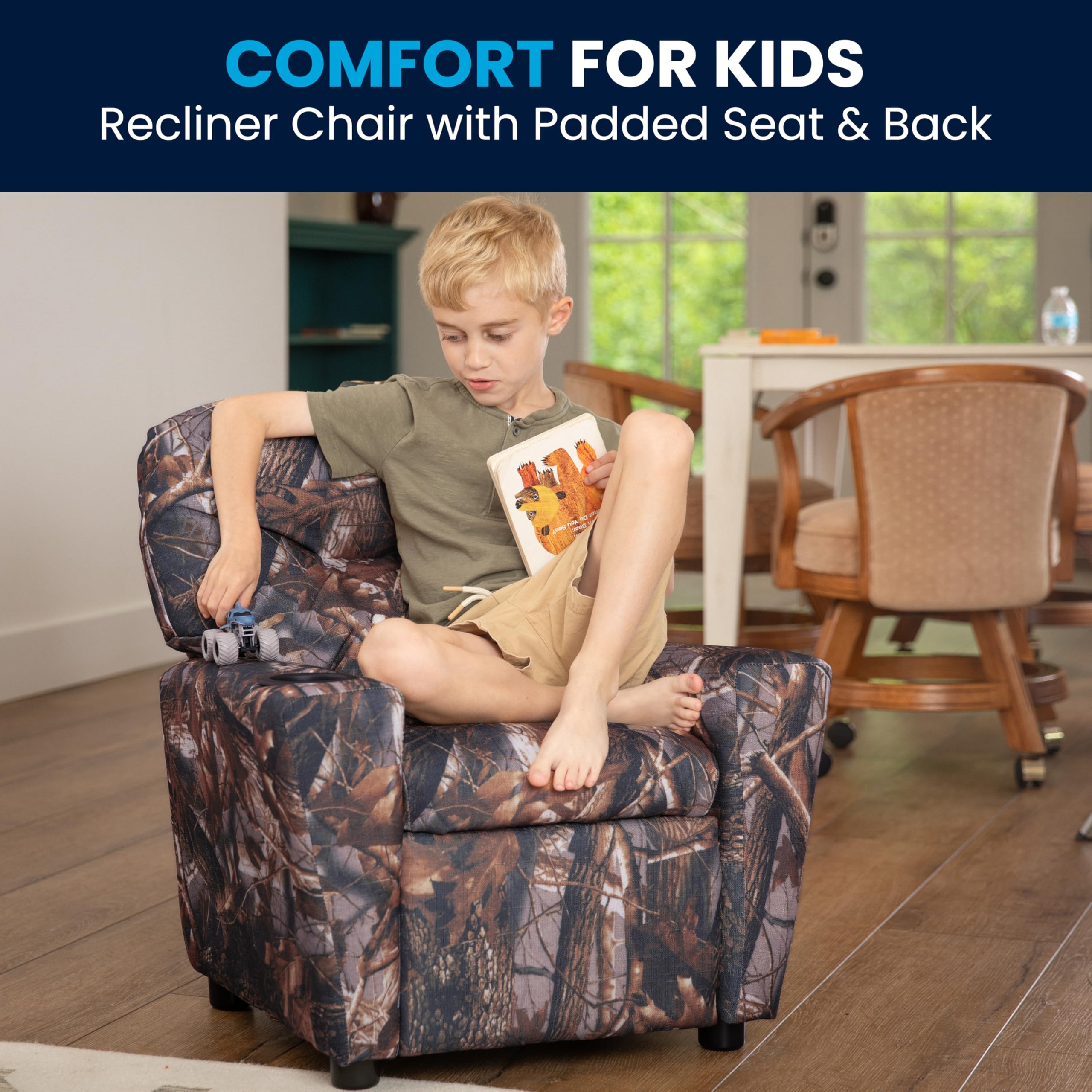 Flash Furniture Chandler Vinyl Kids Recliner with Cup Holder & Safety Recline - Contemporary Reclining Chair for Children (Supports 90 lbs) - Camouflage Design - Perfect for Playrooms, Bedrooms & Movie Nights