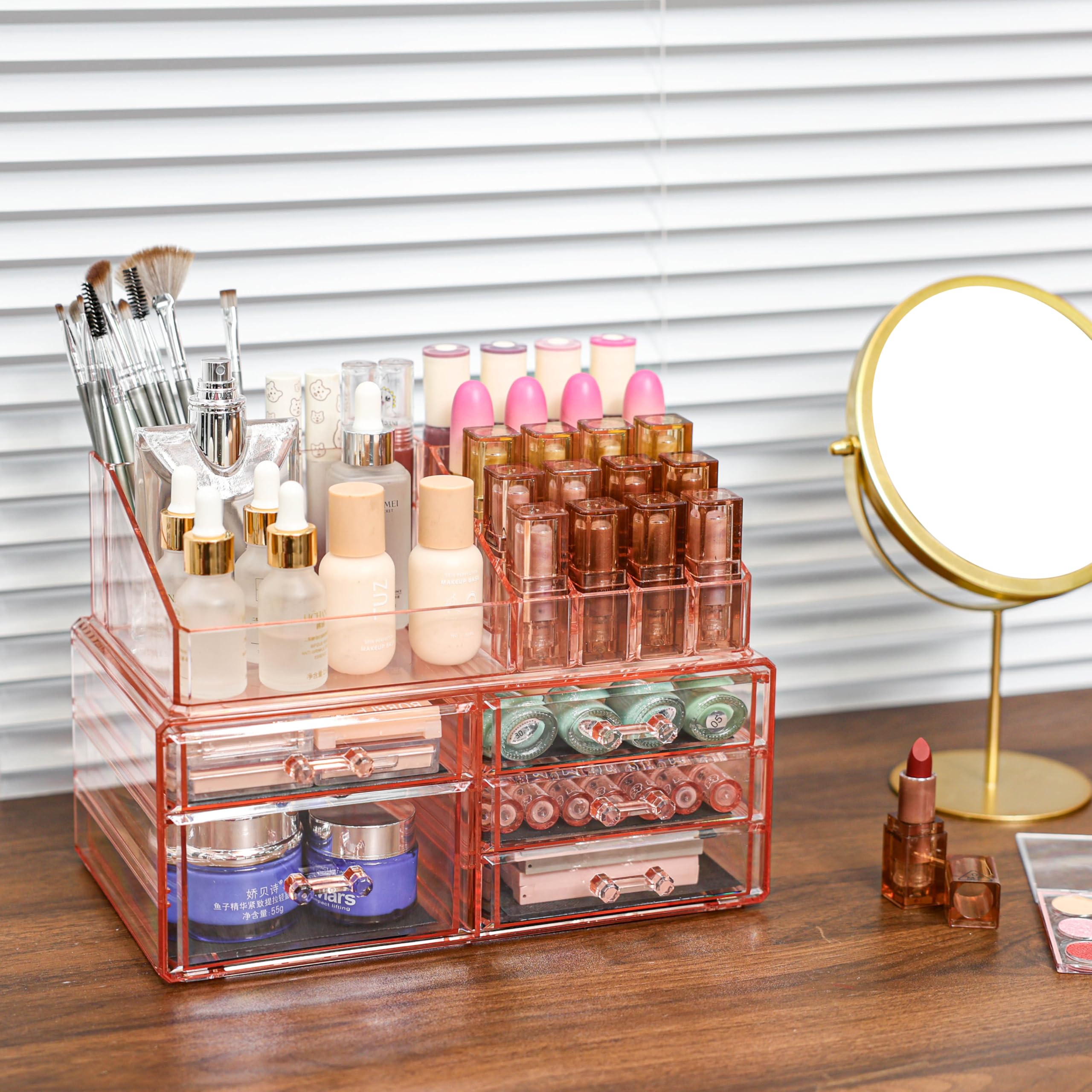 5-Drawer Acrylic Vanity Organizer with Brush Holder & Perfume Tray - Stackable Makeup Storage for Bathroom Countertop, Pink | Perfect for Cosmetics, Jewelry & Skincare Organization