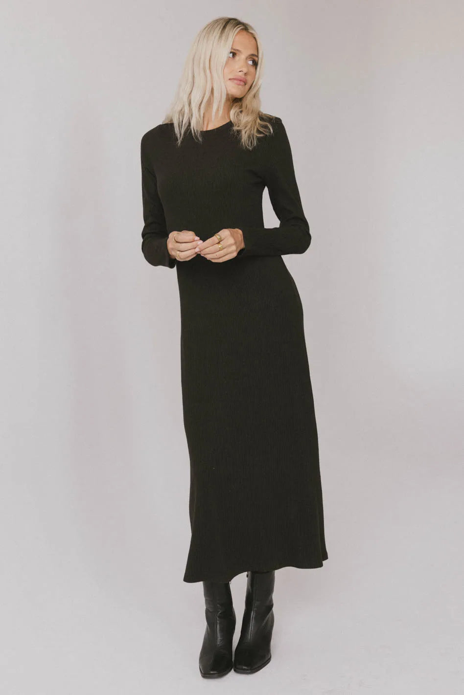 Lynette Ribbed Maxi Dress in Charcoal - Elegant Long Sleeve Bodycon Dress for Women | Perfect for Evening Parties, Date Nights & Special Occasions | FINAL SALE