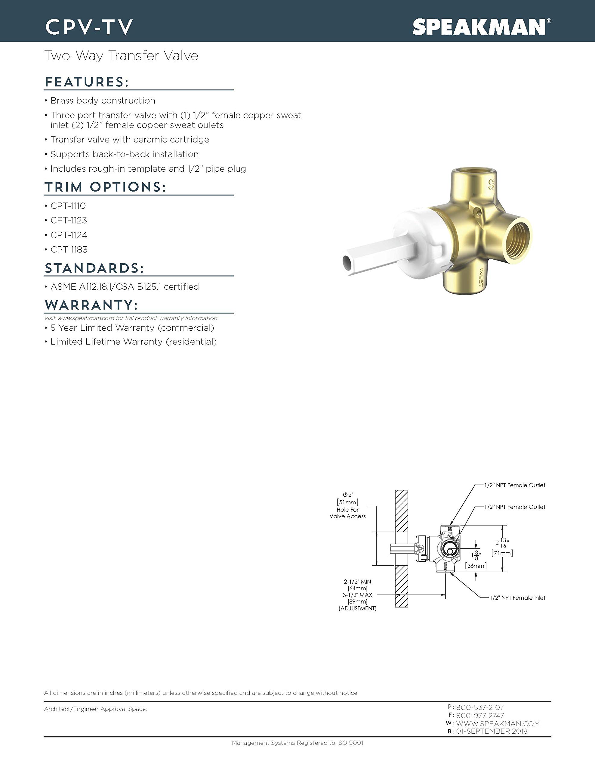 Speakman CPV-TV Brass Transfer Shower Valve - Durable Bathroom Fixture for Hotels, Homes & Commercial Use