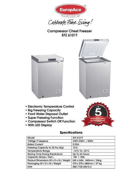 Europace EFZ6101T 100L Energy Efficient Chest Freezer for Home, Garage & Restaurant Use - Compact Deep Freezer for Frozen Food Storage