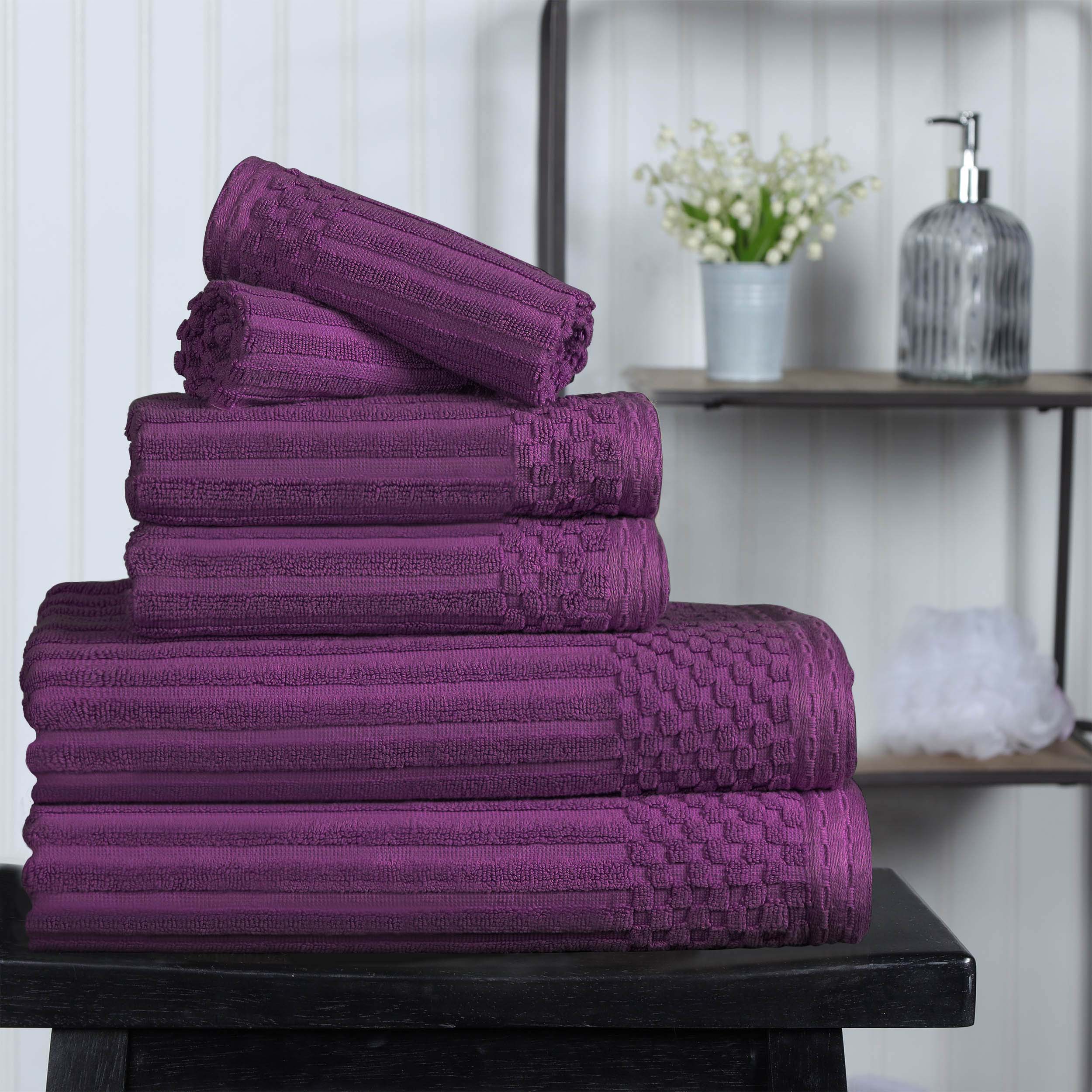 Premium 6-Piece Cotton Ribbed Textured Towel Set - Medium Weight, Soft & Absorbent Bath Towels for Spa, Gym, and Everyday Use