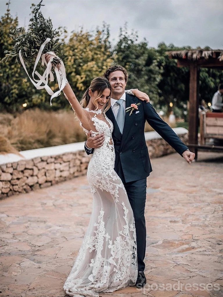 Elegant Long Sleeve Backless Lace Mermaid Wedding Dress - Romantic A-Line Bridal Gown for Beach, Church & Formal Weddings - Style WD627