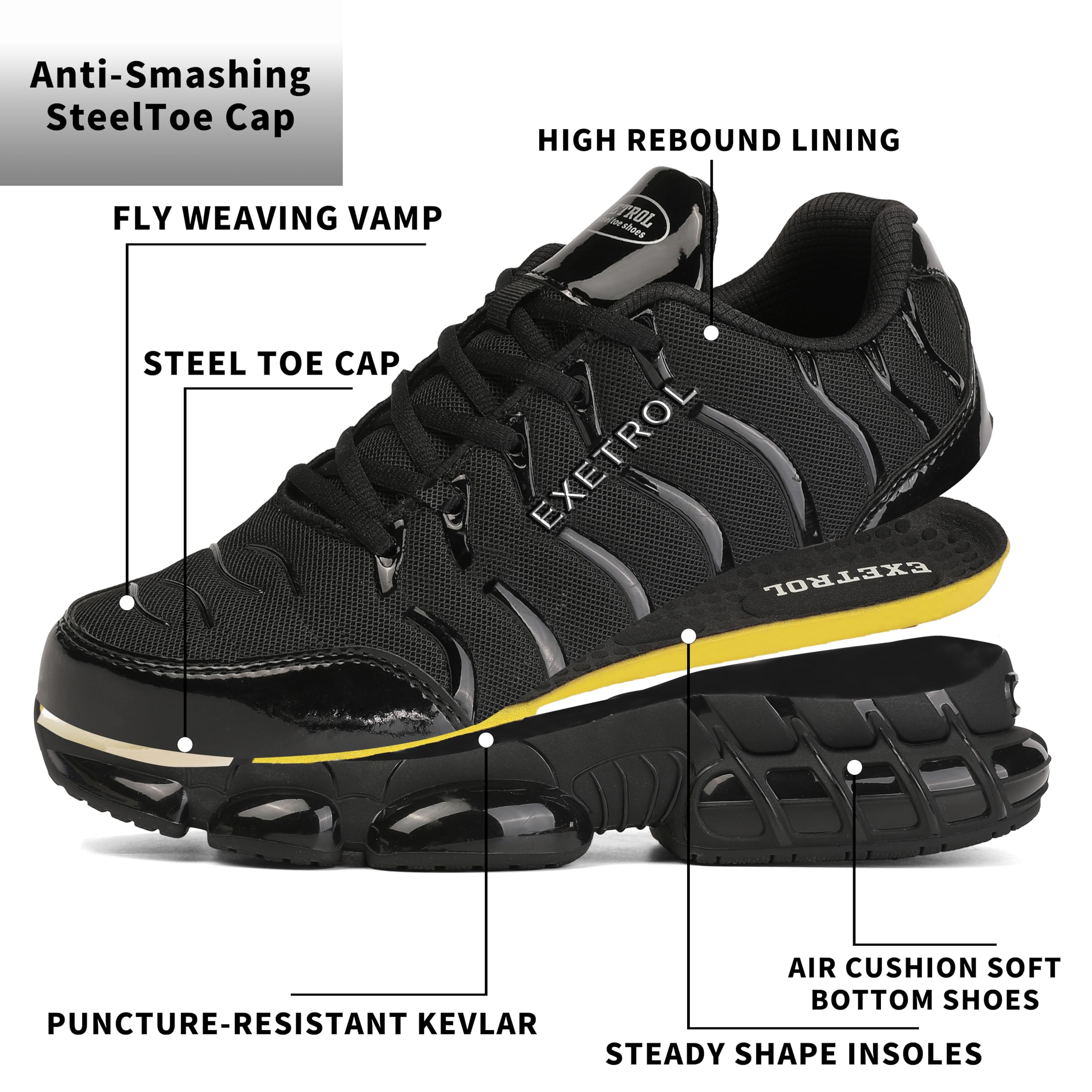 Indestructible Steel Toe Shoes for Men & Women - Lightweight Composite Toe Safety Sneakers with Air Cushion, Non-Slip & Comfortable Work Boots for Construction, Warehouse & Outdoor Jobs