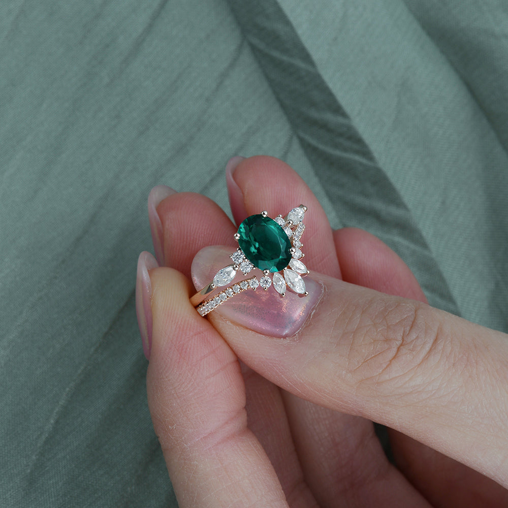 1.5ct Oval Cut Moss Agate Engagement Ring Set for Women - 2 Piece Wedding Band Set with Sterling Silver, Nature Inspired Bridal Jewelry - Perfect for Proposals, Anniversaries & Romantic Gifts