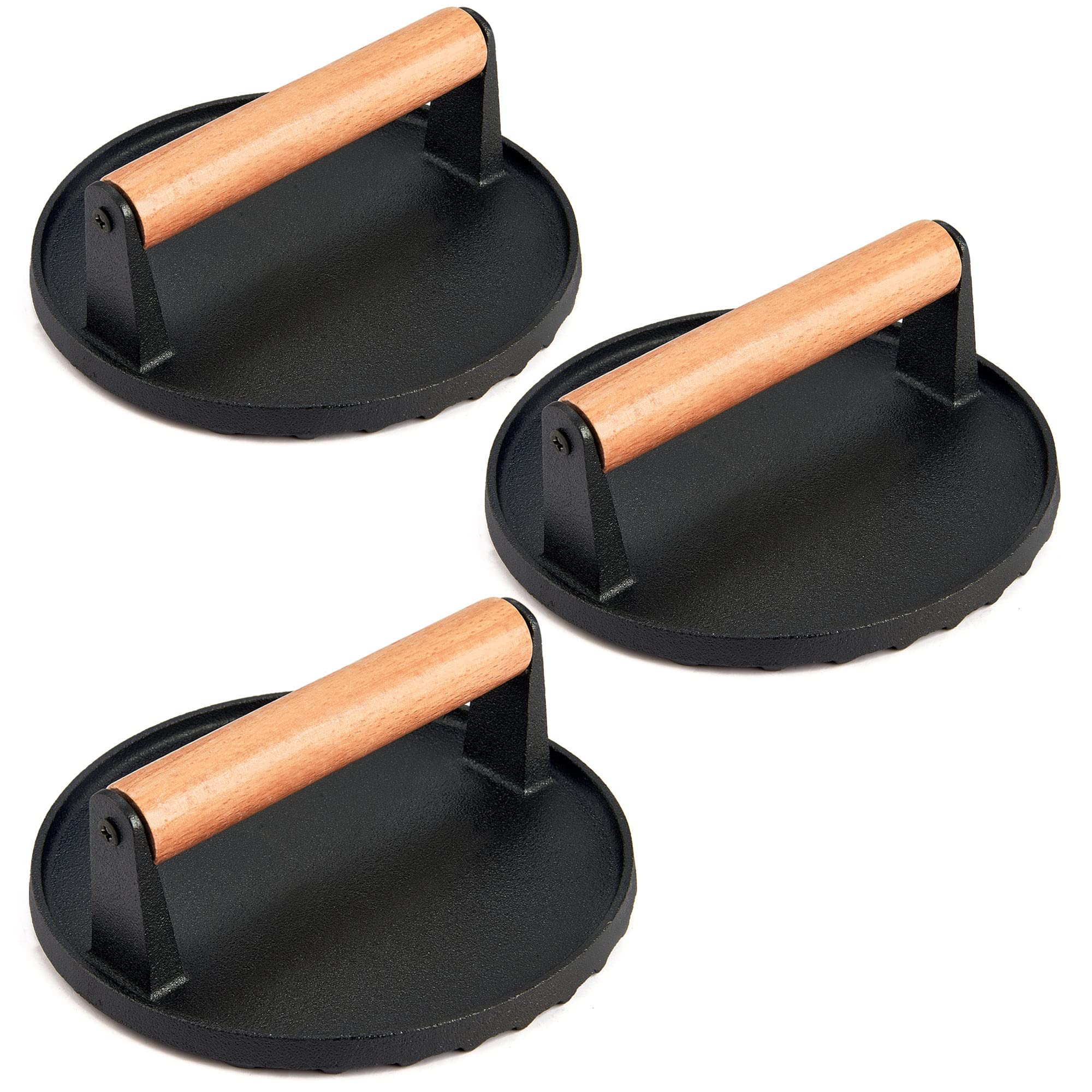 Leonyo 3-Piece Grill Press Set - 7 Inch Round Heavy Duty Cast Iron Burger Press with Ergonomic Wood Handle - Perfect for Smash Burgers, Griddle Cooking, Hamburgers, Steaks, Patties & Panini - Ideal for BBQ, Stovetop & Outdoor Grilling - Nonstick & Durable for Professional & Home Use