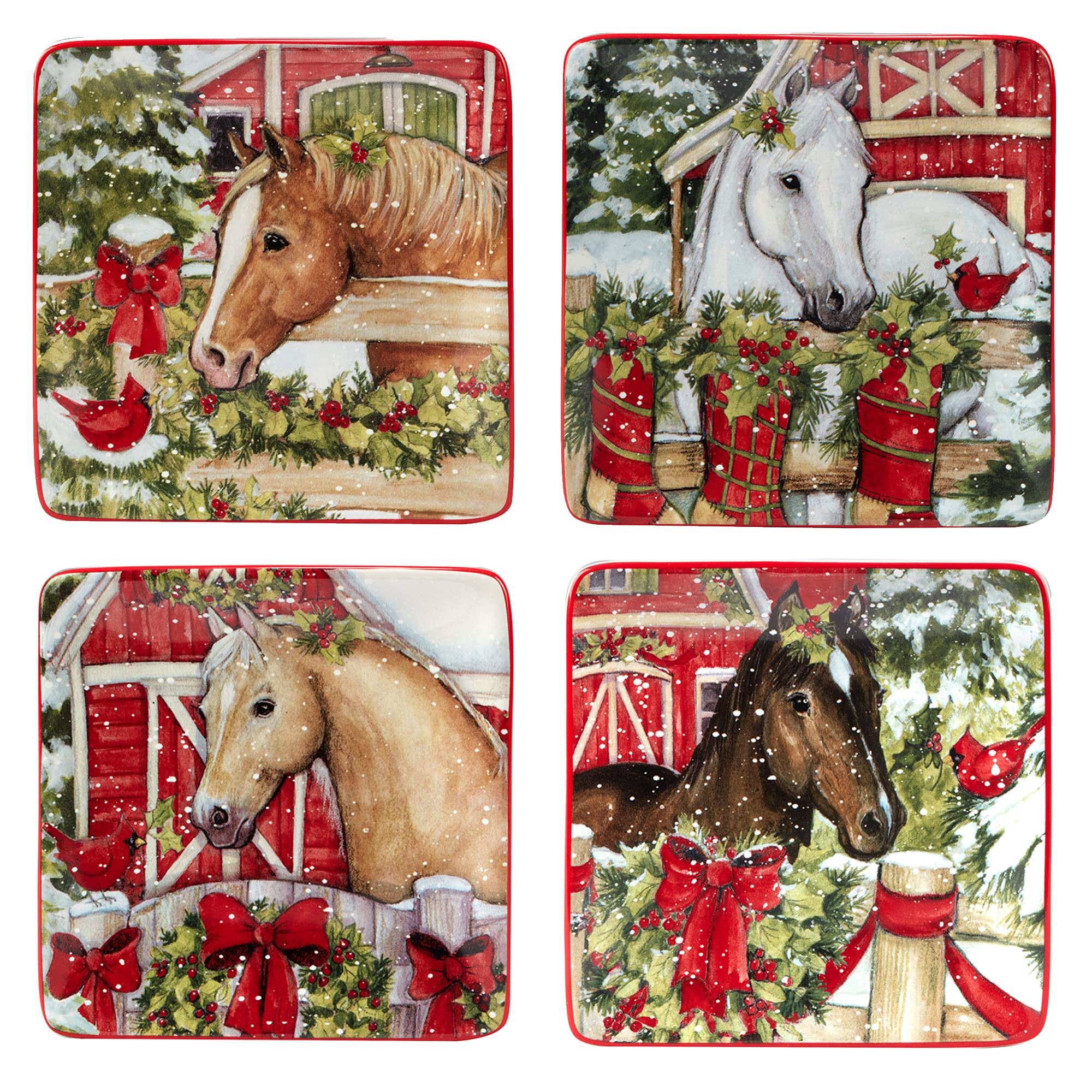 Certified International Homestead Christmas 6-Inch Canape Plates, Set of 4 - Colorful Small Appetizer Dishes for Holiday Parties, Luncheons & Snack Serving - Perfect for Christmas Entertaining, Dinnerware & Dessert Presentation