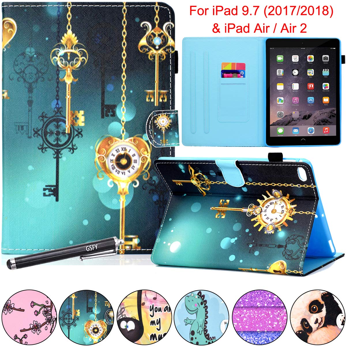 Premium Leather iPad 9.7 Inch Case with Auto Wake/Sleep & Pencil Holder - Compatible with iPad 6th/5th Gen, iPad Air 2 & iPad Air - Anti-Slip Wallet Stand Cover (Golden Key) - Perfect for Work, Travel & Home Use