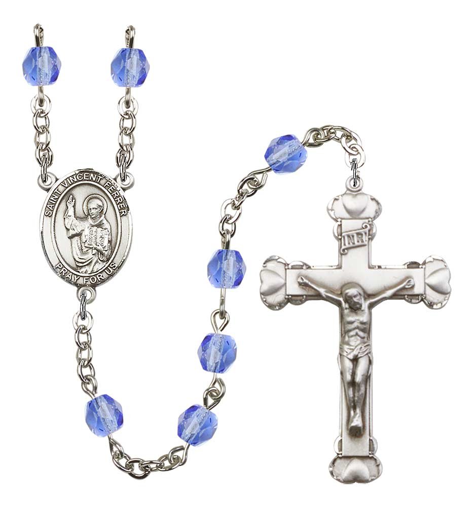 Silver Plated Rosary with 6mm Sapphire Fire Polished Beads - 1 5/8
