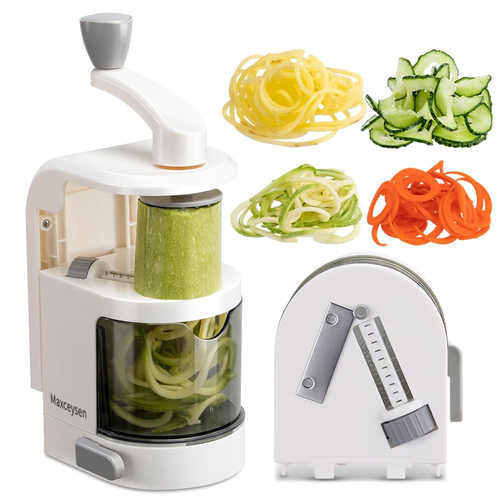 4-in-1 Rotating Blade Vegetable Spiralizer - Zucchini Noodle Maker with Strong Suction Base - Perfect for Healthy Pasta, Salads & Meal Prep (Keto, Vegan, Gluten-Free)