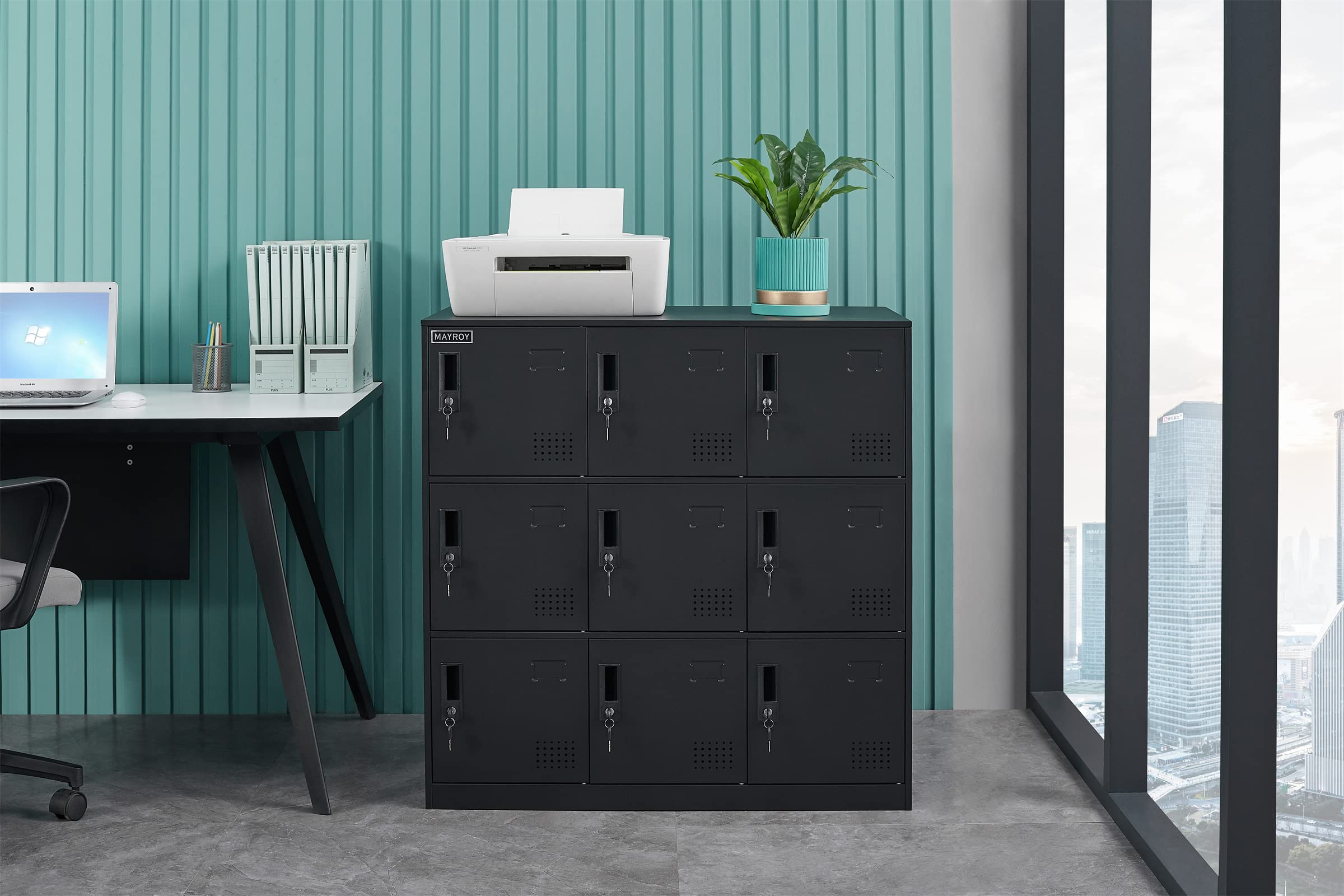 9-Door Metal Storage Locker Cabinet with Lock - Secure Office, Home & School Organizer for Classroom, Gym, Kids Room & Playroom - Durable Black Storage Solution for Sports Equipment, Toys & School Supplies