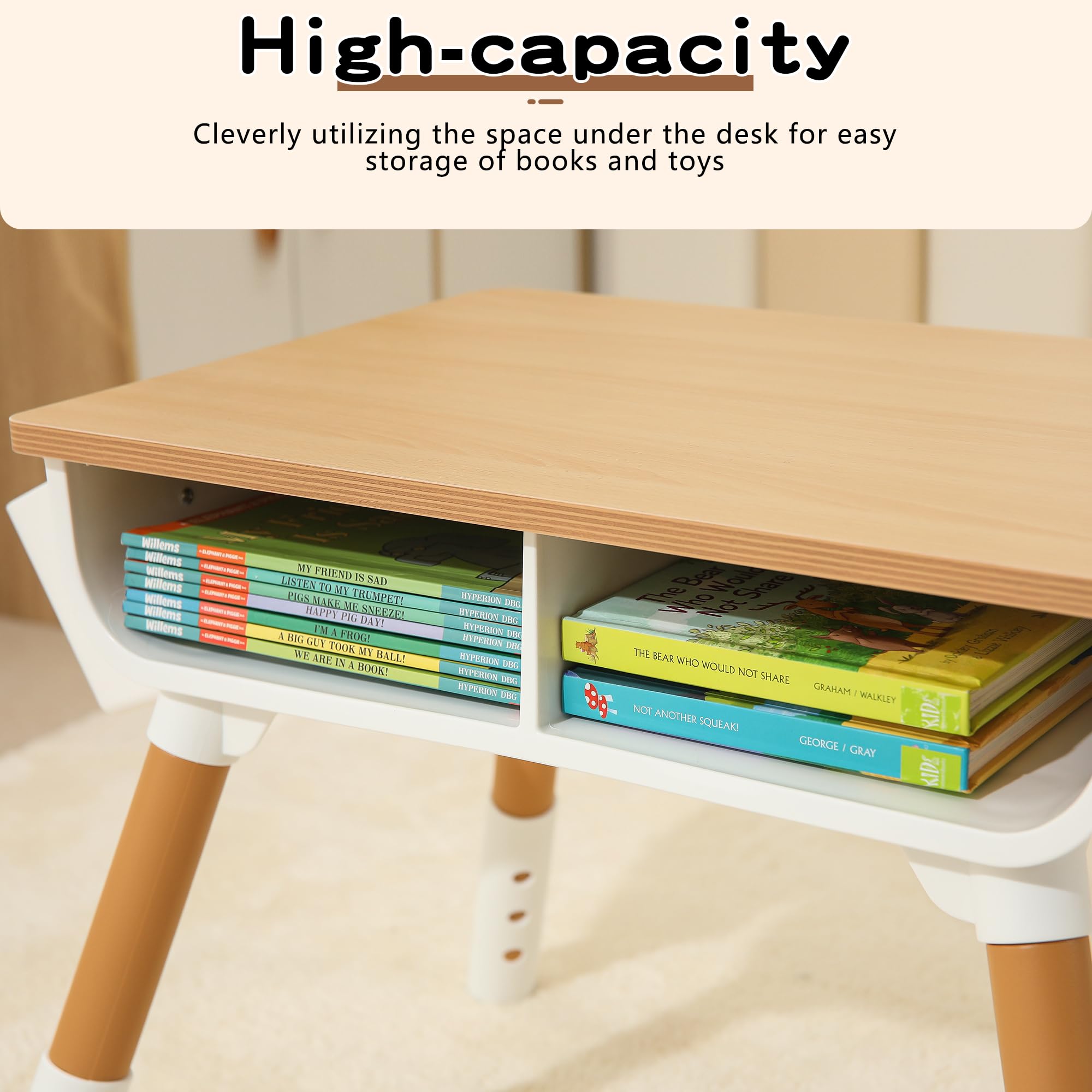 Adjustable Kids Study Desk and Chair Set with Graffiti-Proof Desktop, Storage Drawer & Basket - Non-Slip Legs, 220 lbs Weight Capacity - Perfect for Ages 2-10 (Wooden, 2 Chairs) - Ideal for Homeschooling, Online Learning & Children's Bedroom Study Area