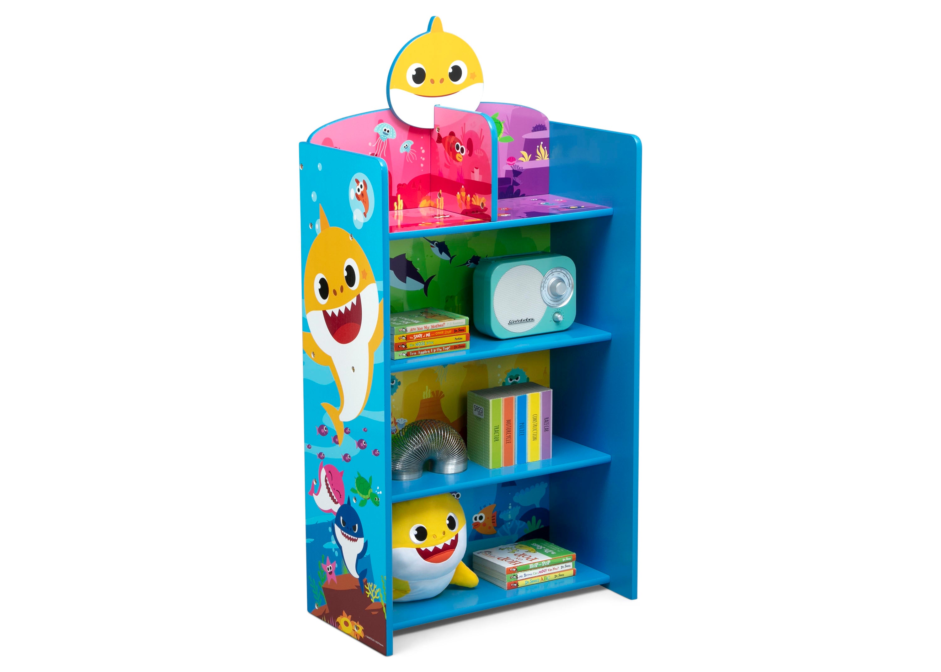 Baby Shark Wooden Playhouse 4-Shelf Bookcase for Kids - Nursery Bookshelf & Toy Storage Organizer for Toddlers' Bedroom & Playroom Decor