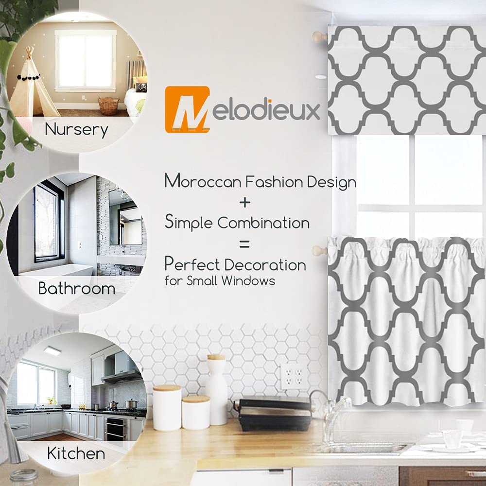 Melodieux Set of 2 Moroccan Style Tier Curtains - Geometric Lattice Design, Rod Pocket for Kitchen, Cafe & Bathroom - 24 Inch Length, Off White/Grey - Perfect for Small Windows, Home Decor & Boho Chic Interiors