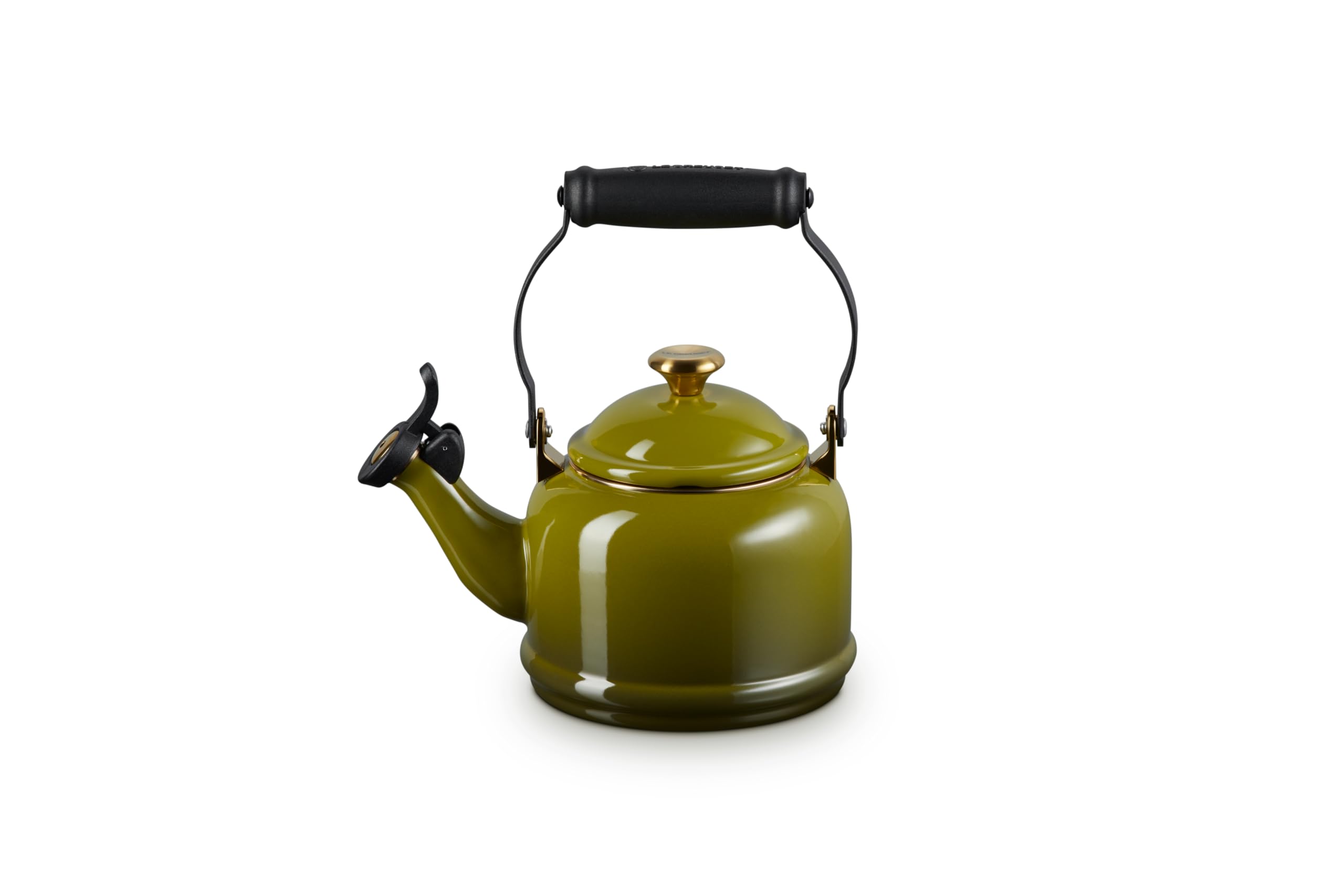 Le Creuset Enameled Steel 1.25 QT Demi Tea Kettle with Gold Finishes - Olive Green Stovetop Kettle for Tea, Coffee & Hot Water - Perfect for Kitchen, Office & Outdoor Use