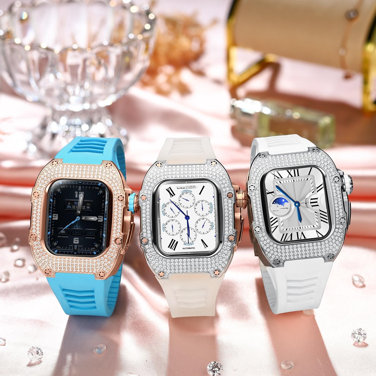 Premium Titanium Alloy Case & Diamond Bezel Apple Watch Band for Women - Compatible with Series 8/7/6/5/4/3 (41mm/40mm) - Luxury Fluoroelastomer Strap with Stainless Steel Clasp - Perfect for Workouts, Office Wear & Special Occasions