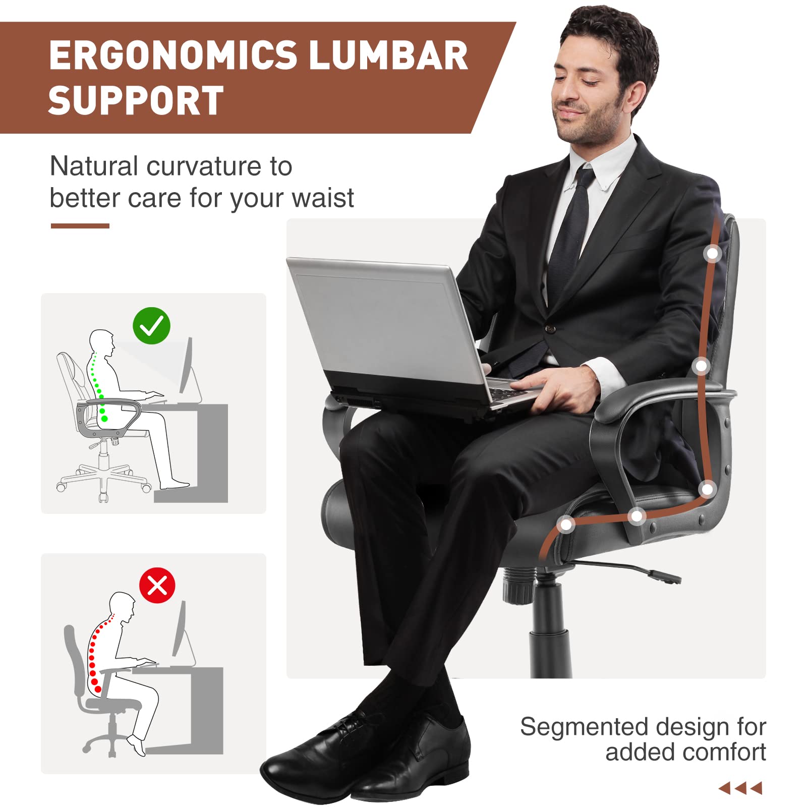 OLIXIS Executive Office Chair - Ergonomic Mid Back Lumbar Support, Adjustable Height & Tilt, PU Leather Swivel Rolling Chair with Padded Armrests - Modern Black for Home Office, Conference Room & Workspace