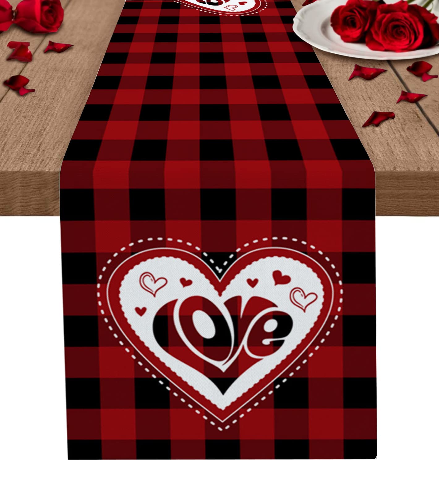 Valentine's Day Buffalo Plaid Table Runner - 70 Inch Non-Slip Washable Dining Table Scarf for Wedding, Holiday & Party Decor - Romantic Black Red Heart Pattern Farmhouse Style - Perfect for Romantic Dinners, Christmas Decorations, Wedding Receptions, Cozy Home Decor & Rustic Vintage Themed Events - Ideal for Valentine's Day, Anniversary, Thanksgiving, and Farmhouse Dining Room Decor