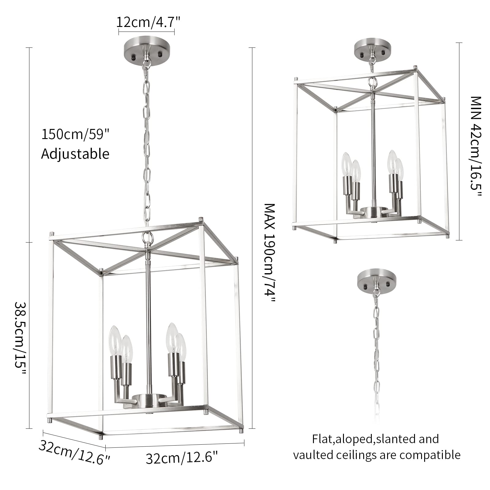 4-Light Brushed Nickel Chandelier - Adjustable Height 12.6