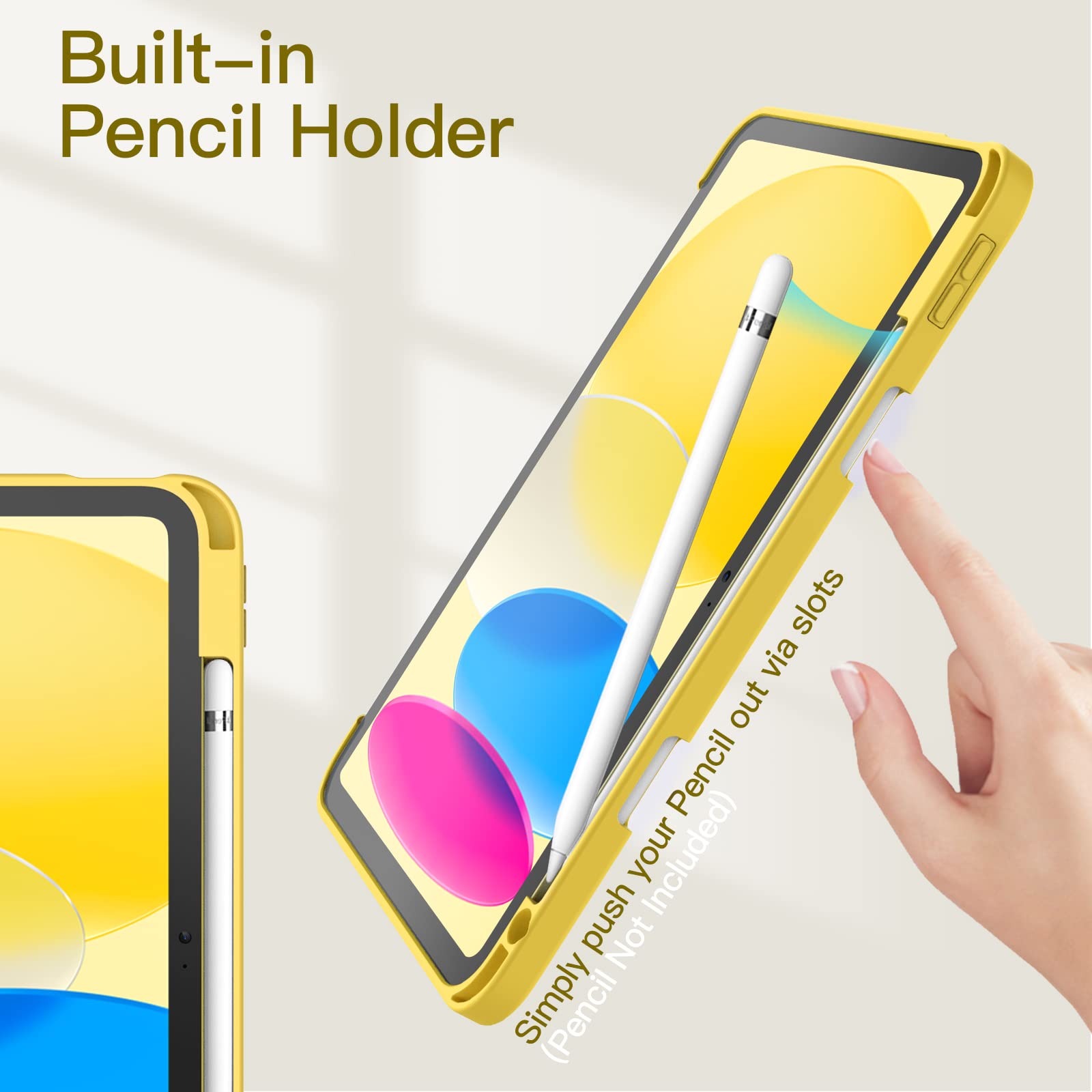 JETech Clear Shockproof iPad Case for 11th/10th Gen iPad (2025/2022 Model A16) with Pencil Holder & Auto Wake/Sleep - Slim Transparent Stand Cover in Yellow - Perfect for Work, School & Travel Protection