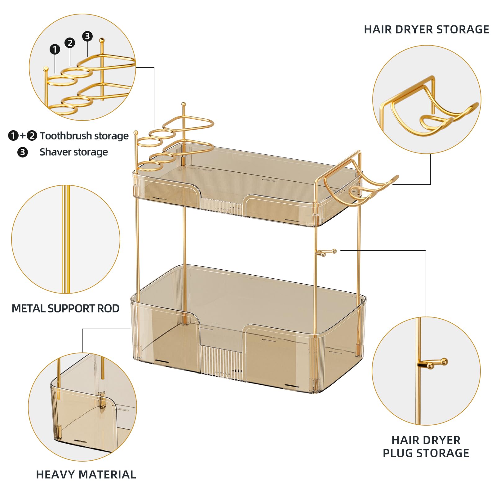 2-Tier Gold Bathroom Organizer with Hair Dryer Holder - Vanity Tray for Makeup & Skincare Storage