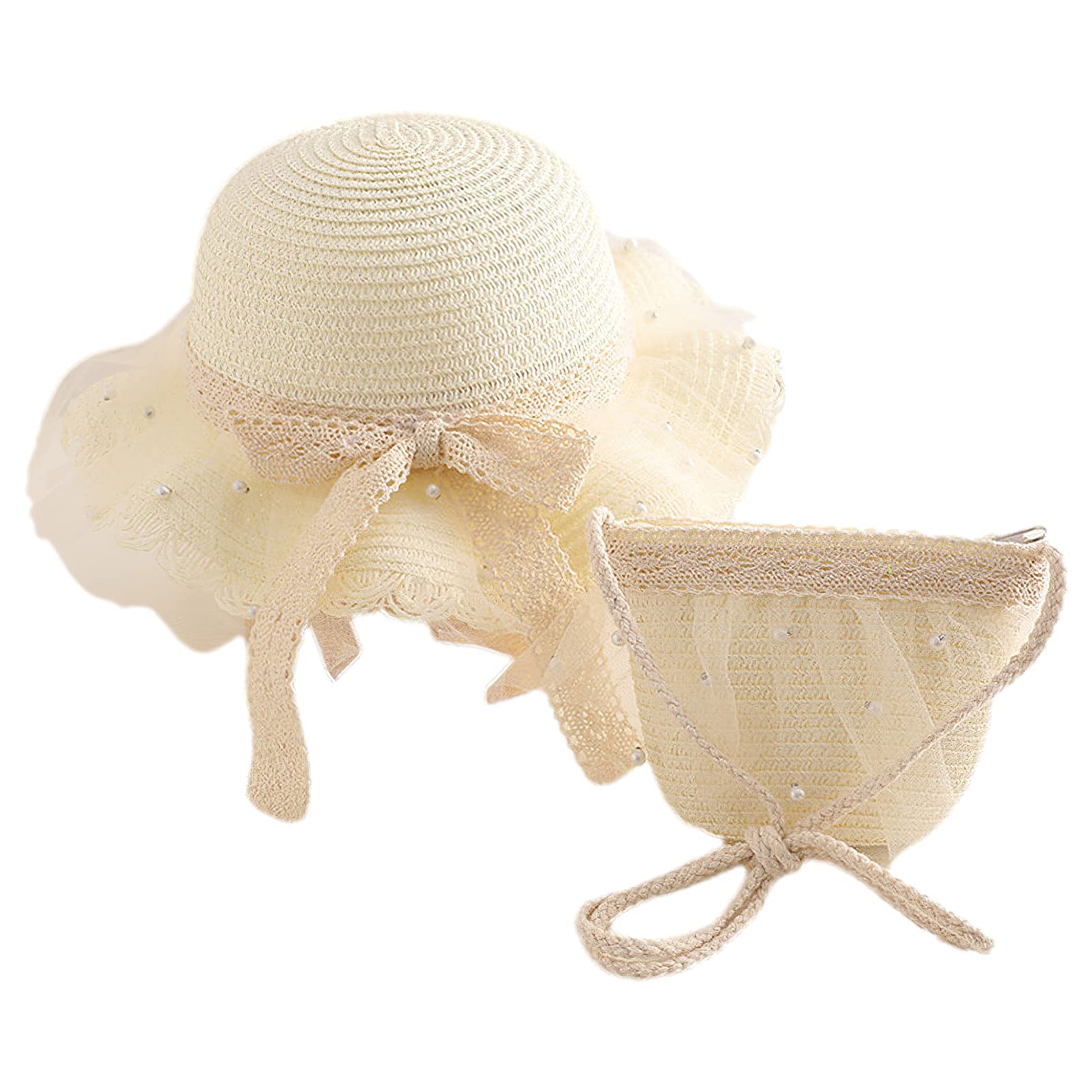 Girls Lace Sun Hat & Pearl Purse Set for Beach & Summer