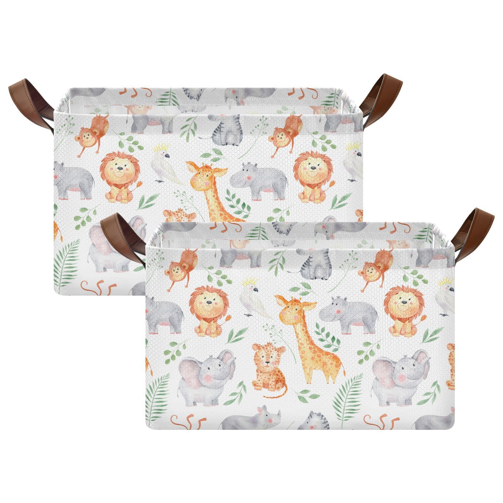 Waterproof Collapsible Baby Storage Baskets with Animal Patterns & Handles - 2 Pack Nursery Organizer for Kids Books, Toys, Clothes & Laundry | Perfect for Nursery, Playroom & Closet Organization