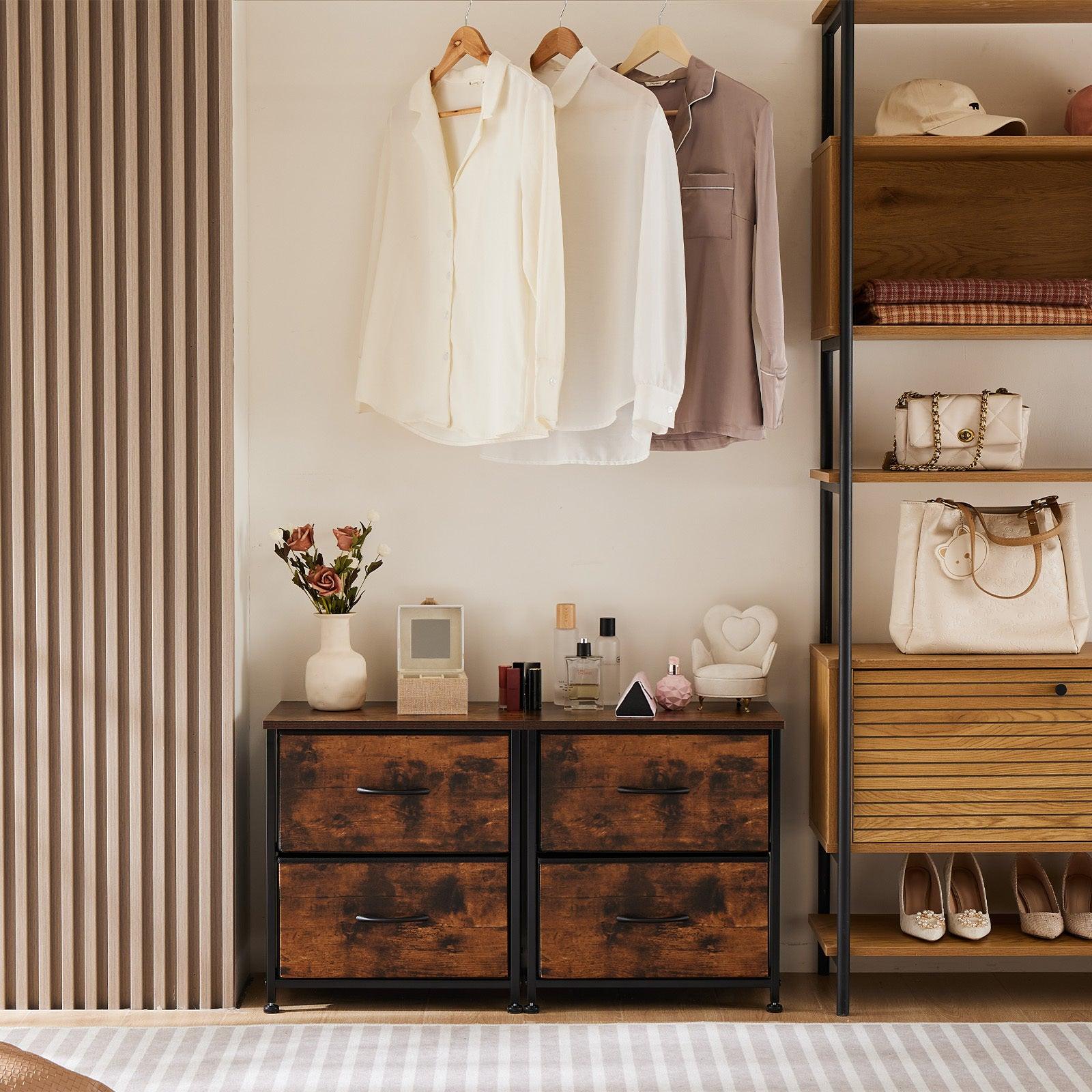 Modern Brown Wood Top & Metal Frame Dresser Drawers - 2 Pack for Bedroom, Living Room, or Office Storage Organization