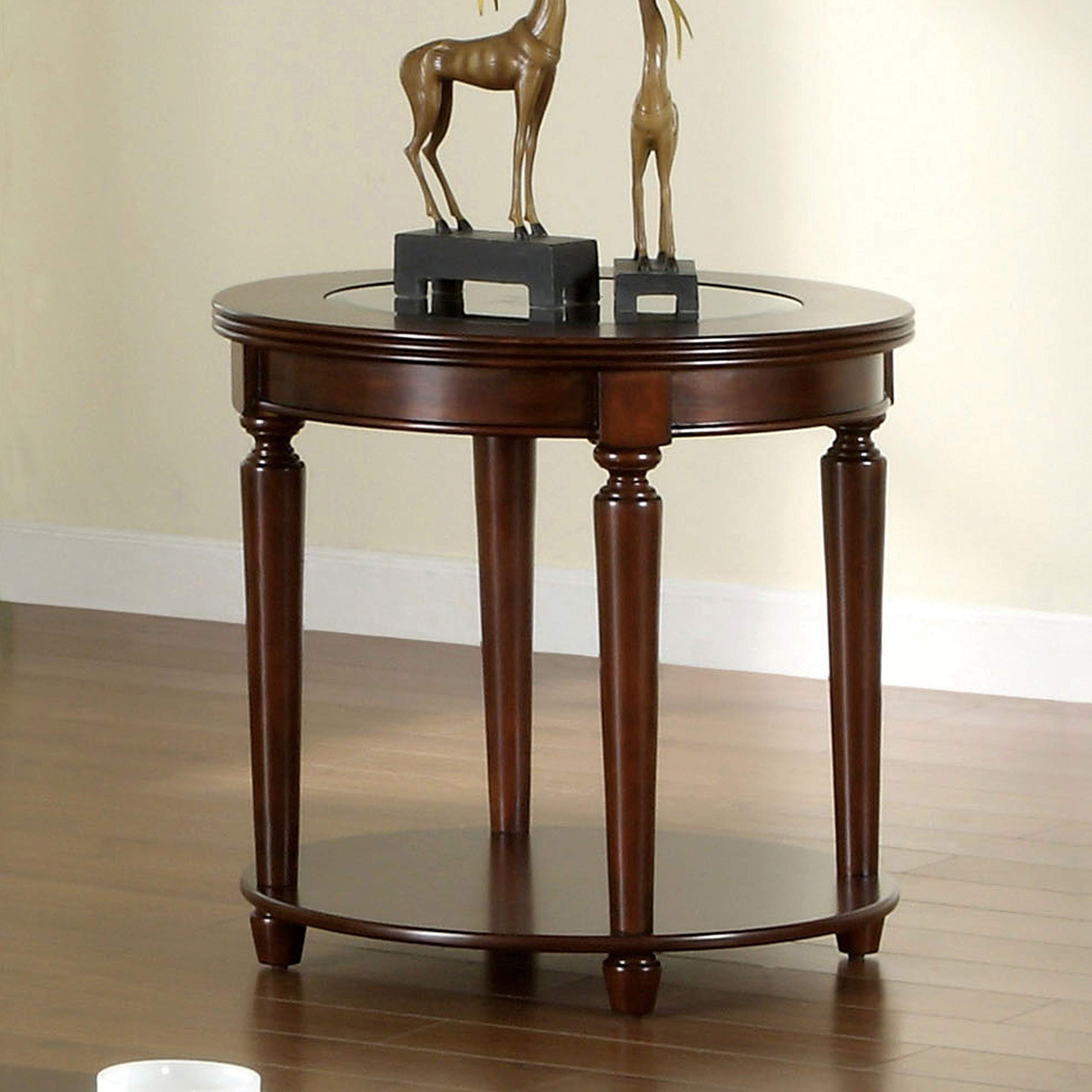 Solid Wood Cherry End Table with Brown Glass Top - Transitional Style Storage Side Table for Living Room, Bedroom & Office
