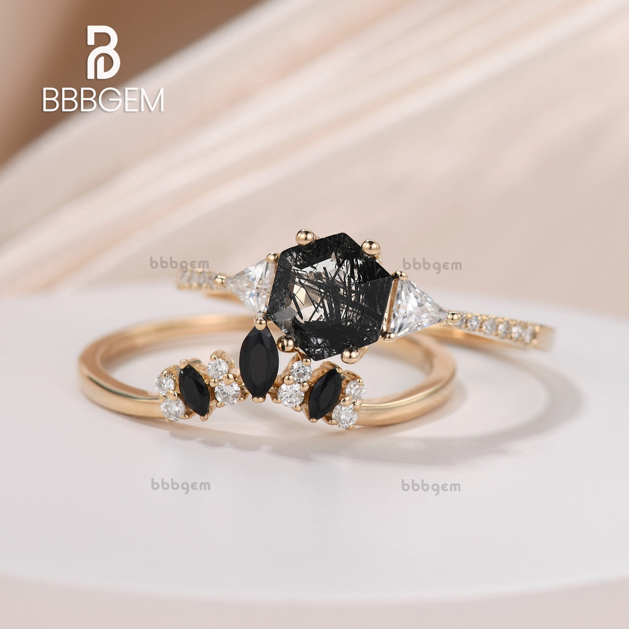 Three Stone Ring Set with Hexagon Cut Black Rutilated Quartz & Triangle Moissanite Side Stones in 18K Yellow Gold - Elegant Engagement, Wedding, or Anniversary Jewelry Gift