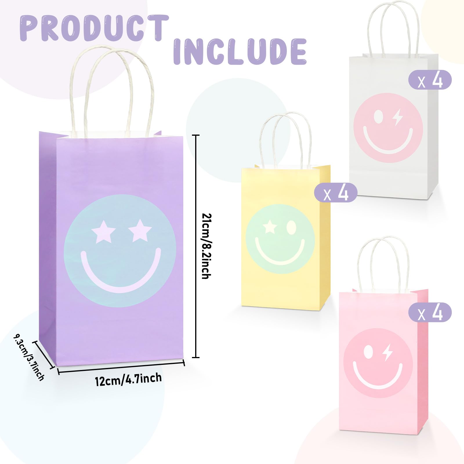 16PCS Smile Face Gift Paper Bags - Pastel Rainbow Kraft Party Favor Bags for Candy, Goodies & Decor | Perfect for Bachelorette Parties, Birthday Celebrations, Baby Showers & Preppy Themed Events